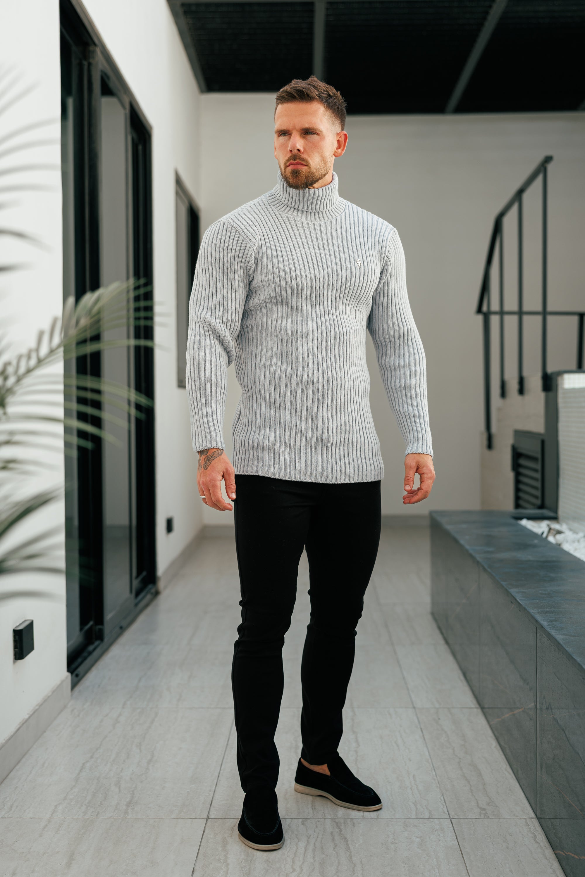Ribbed Knit Cop Grey Roll Neck Jumper - FSJ116