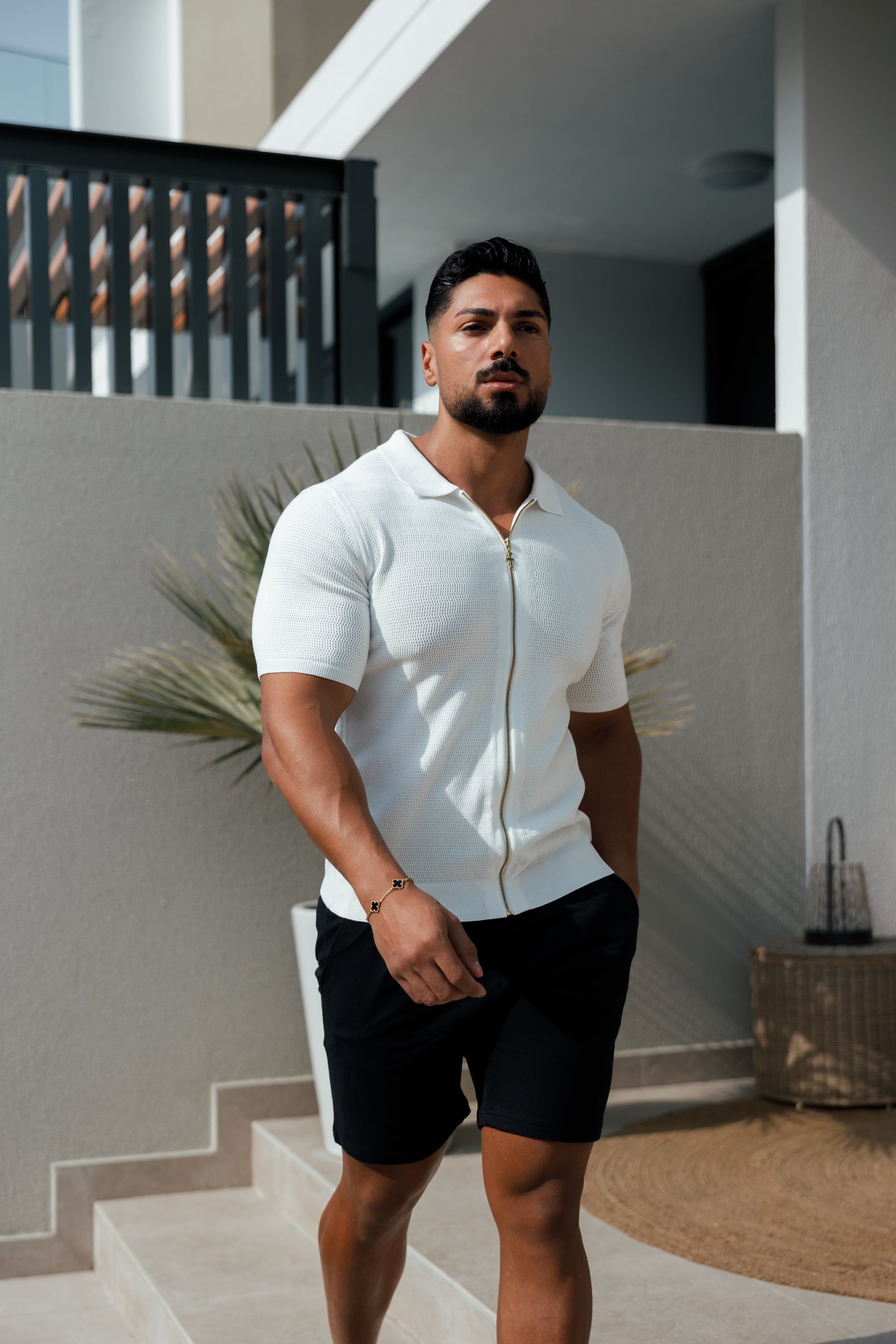 Classic Knitted Textured Design With Full Length Zip Off White Short Sleeve - FSN152