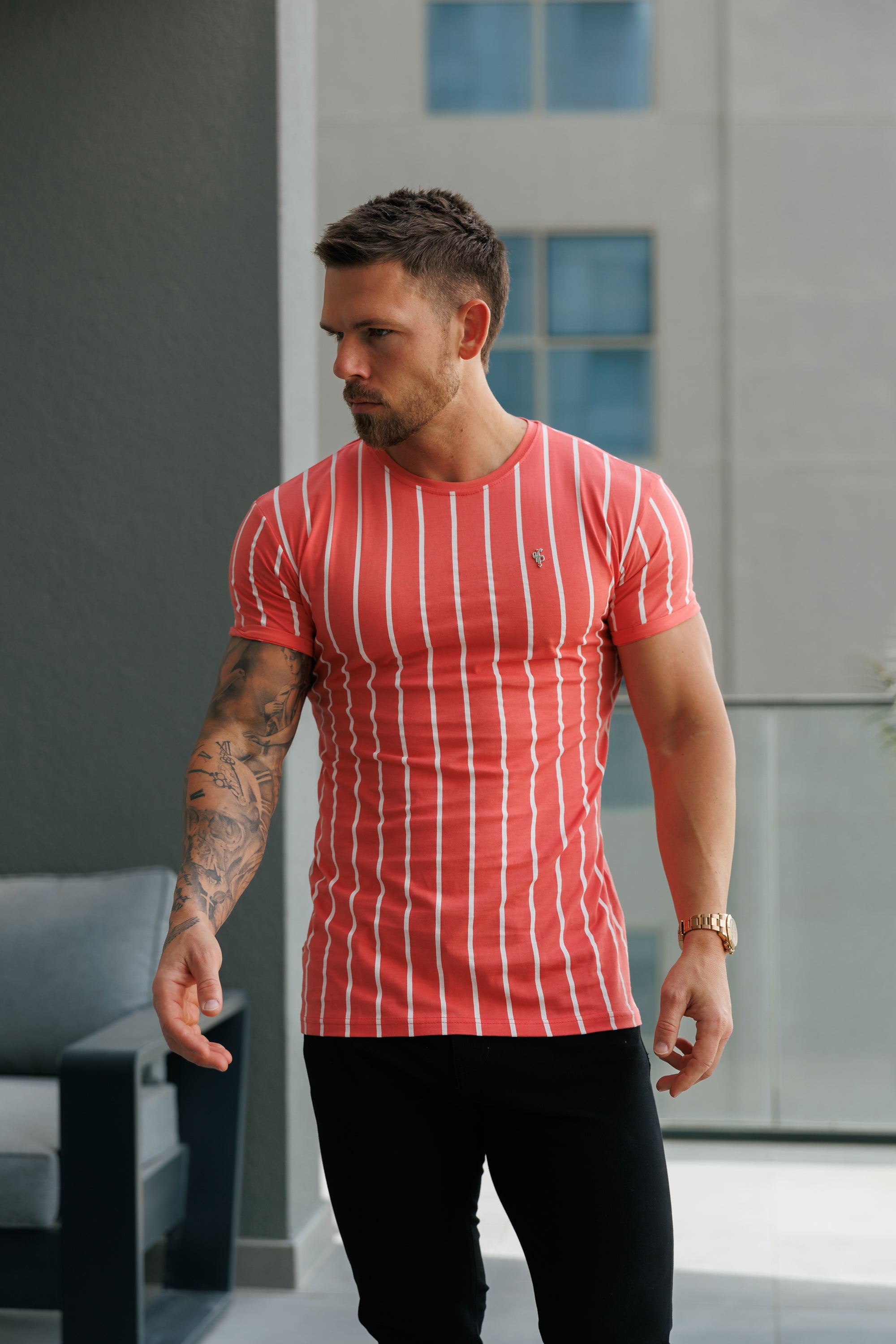 Printed Coral / White Stripe Fitted T Shirt - FSH1171