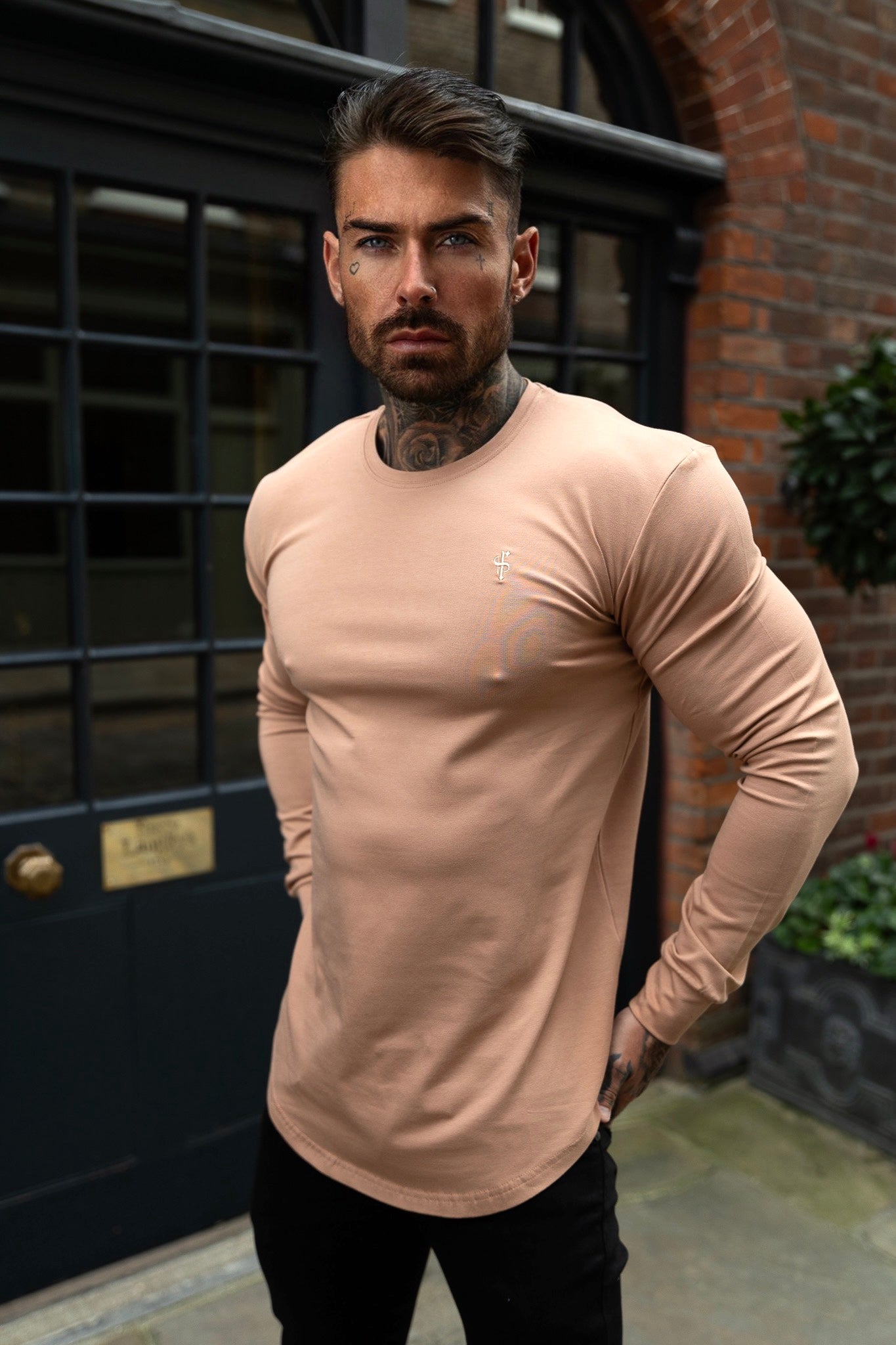 Classic Coffee Tonal Curved Hem Long Sleeve Crew T Shirt - FSH1001