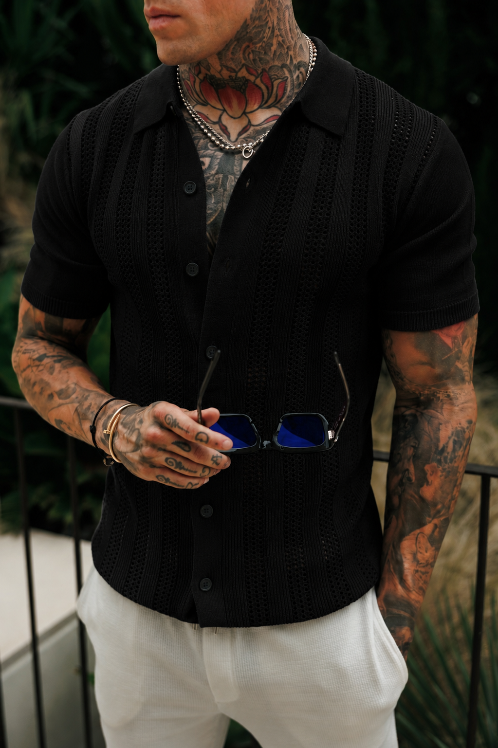 Black Stripe Perforated Shirt Short Sleeve - FSA019 (PRE ORDER 31ST AUGUST)