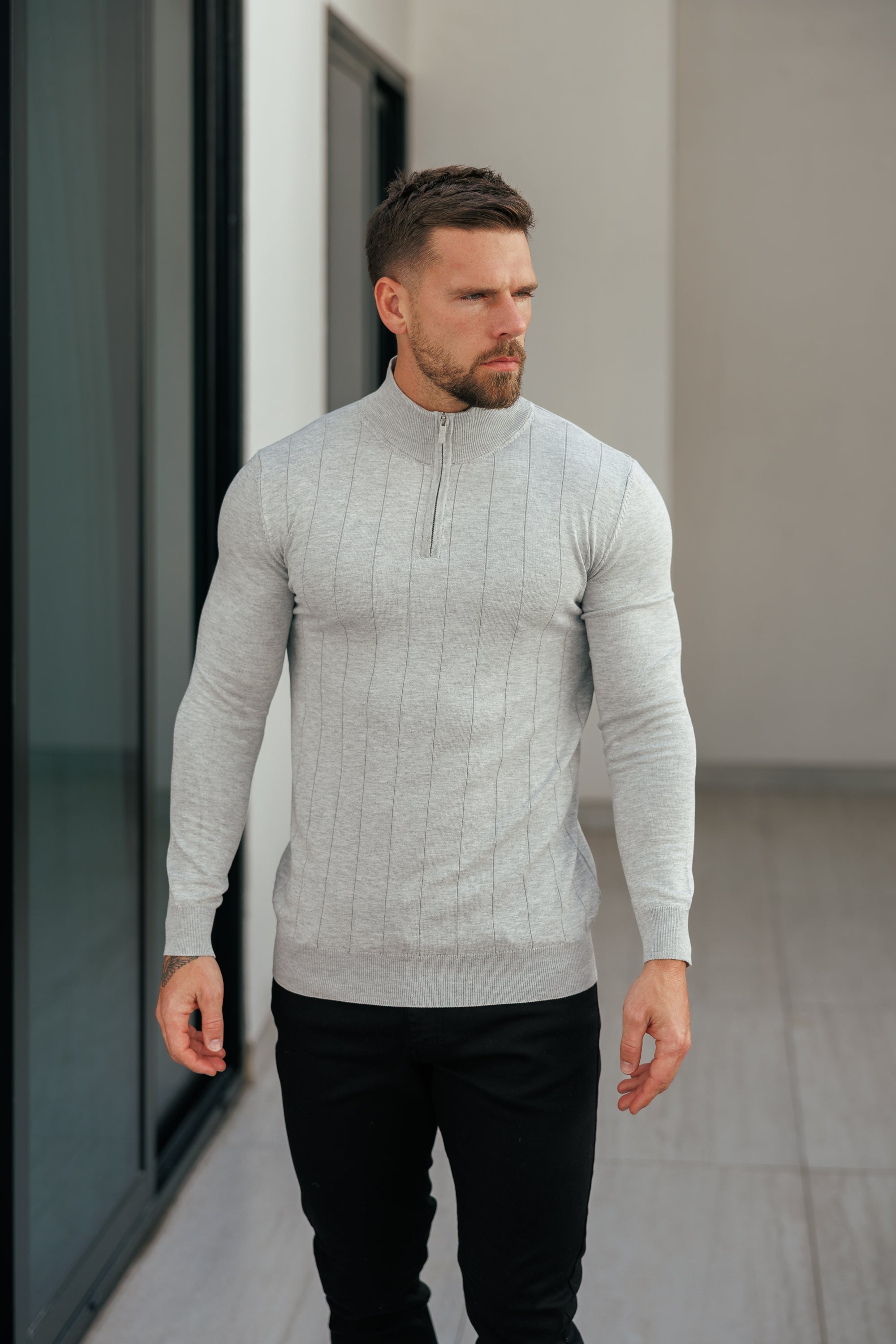 Self Stripe 1/4 Zip Funnel Neck Knit Jumper Silver Grey Long Sleeve - FSR051