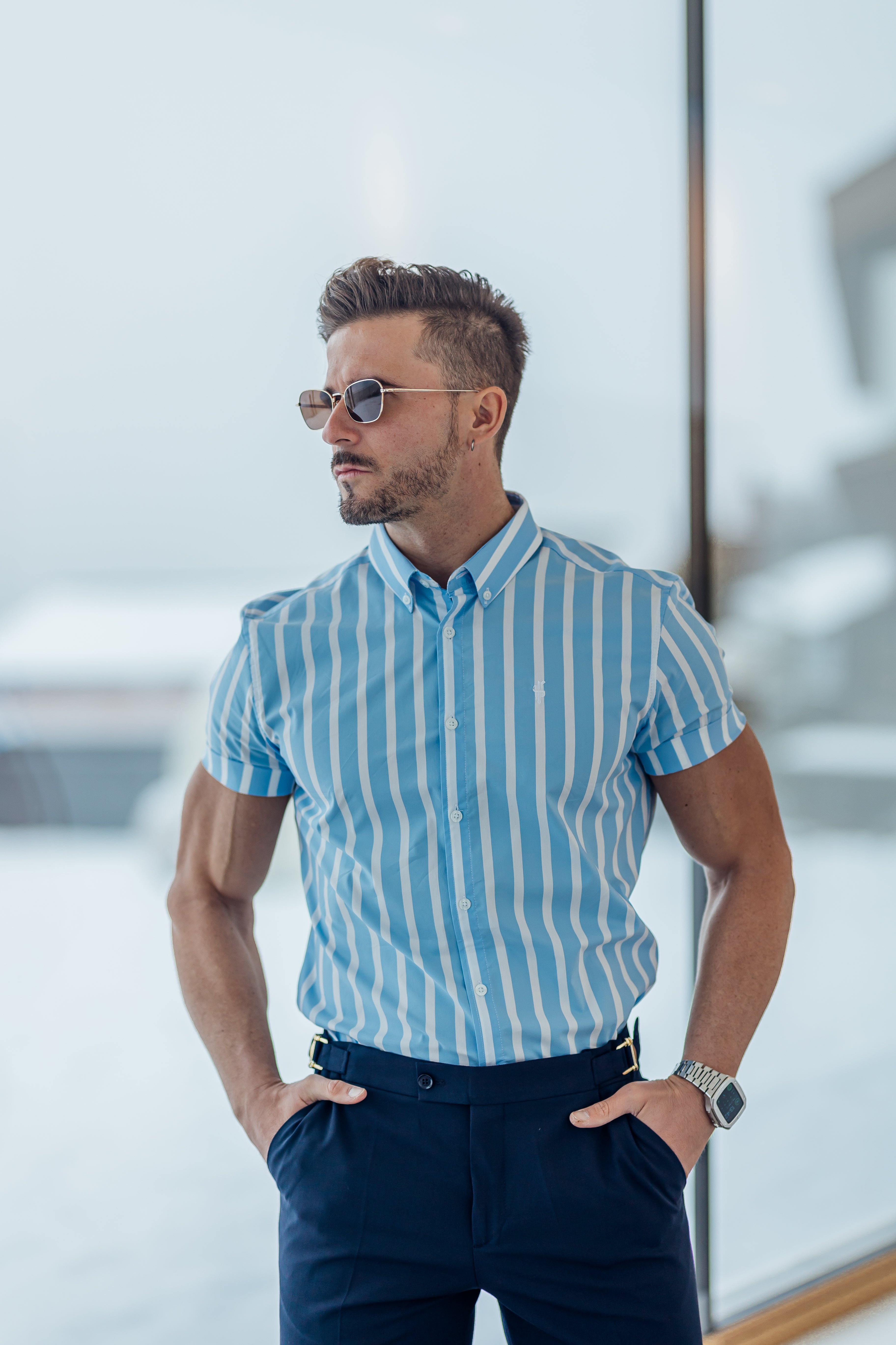 Classic Light Blue and White Deckchair Woven Stripe Short Sleeve - FS976