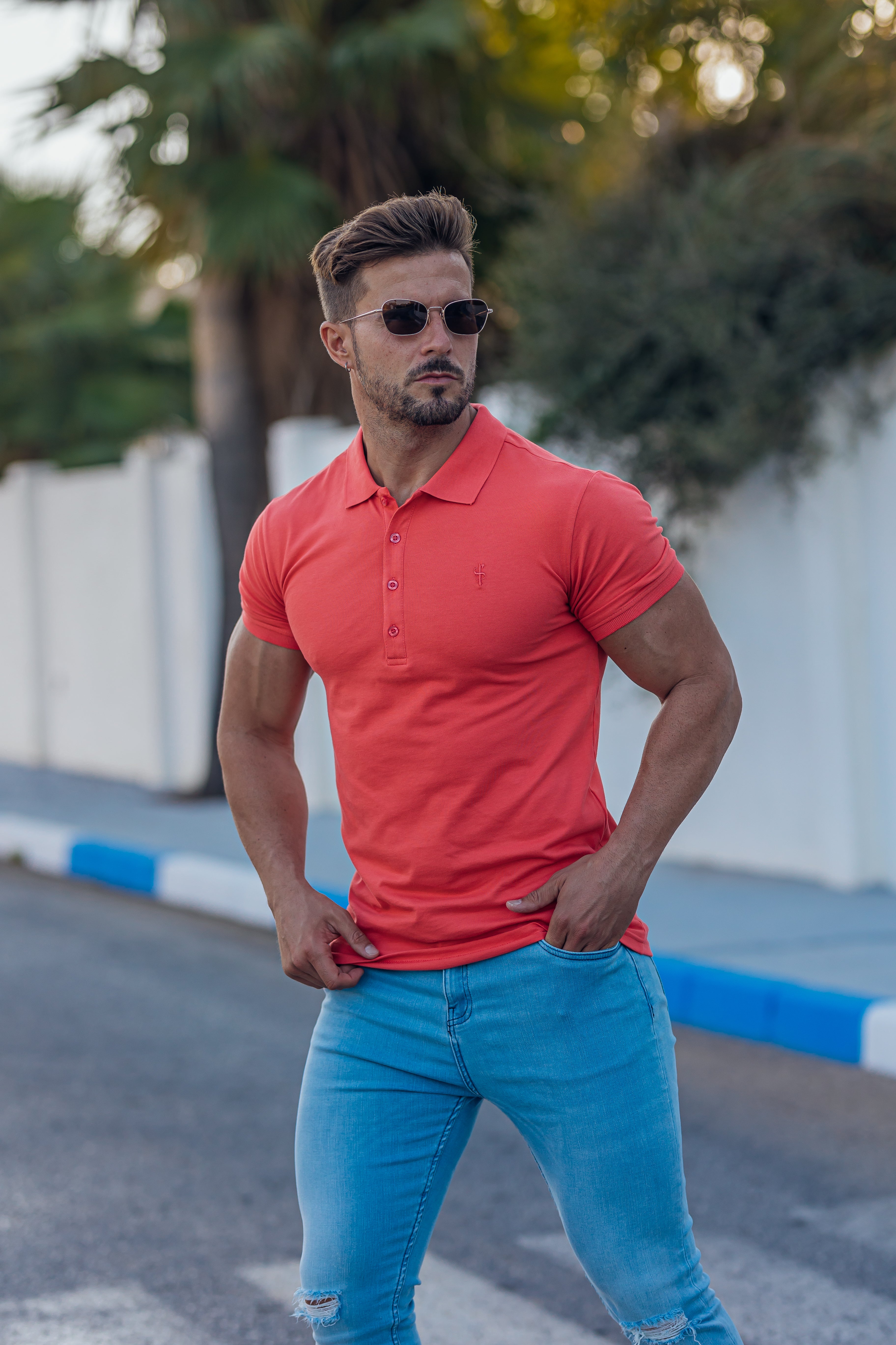 Classic Coral Polo Shirt with Tonal Button and Embroidery - FSH873
