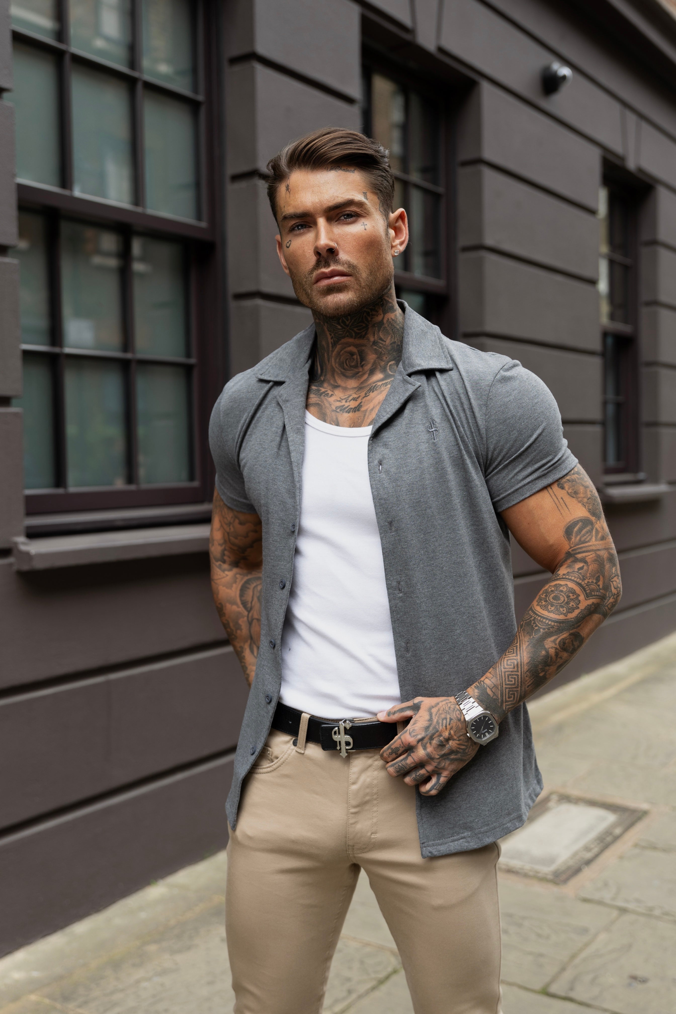 Stretch Dark Grey Pique Revere Shirt Short Sleeve - FSH1073