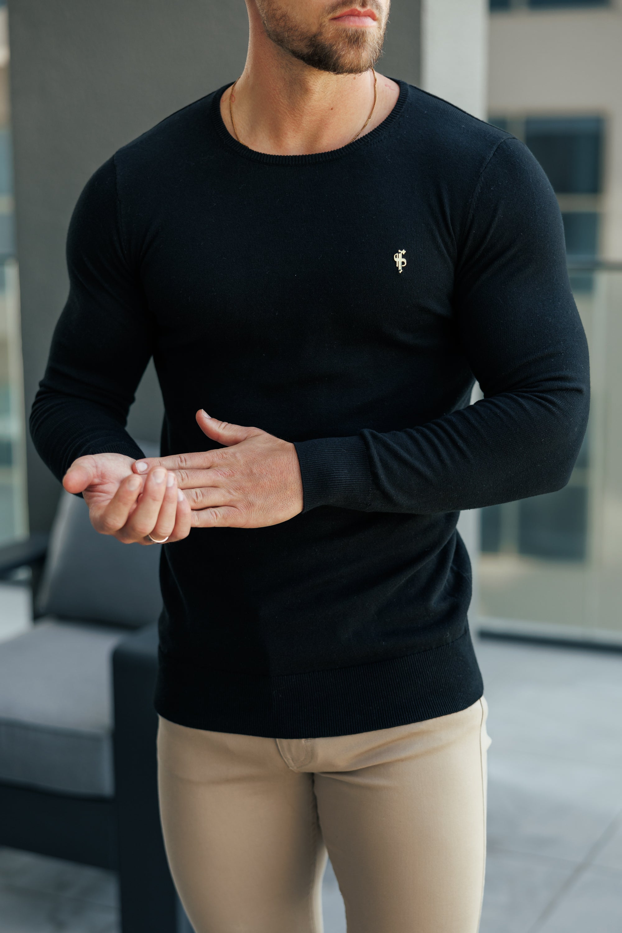 Black Crew Neck Knitted Jumper With FS Branding - FSN194