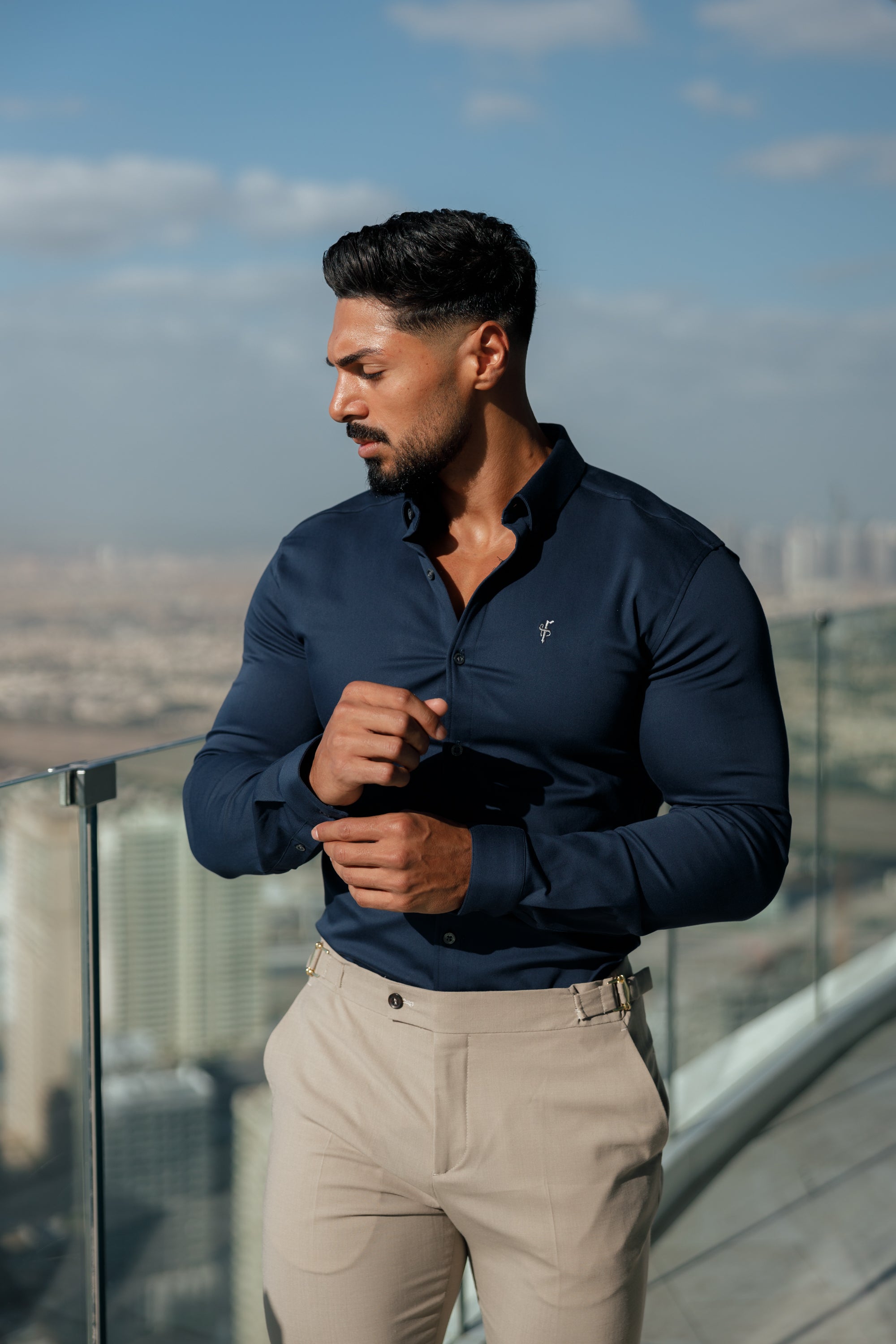 Super Slim Stretch New Navy Denim Long Sleeve With Button Down Collar - FS1018