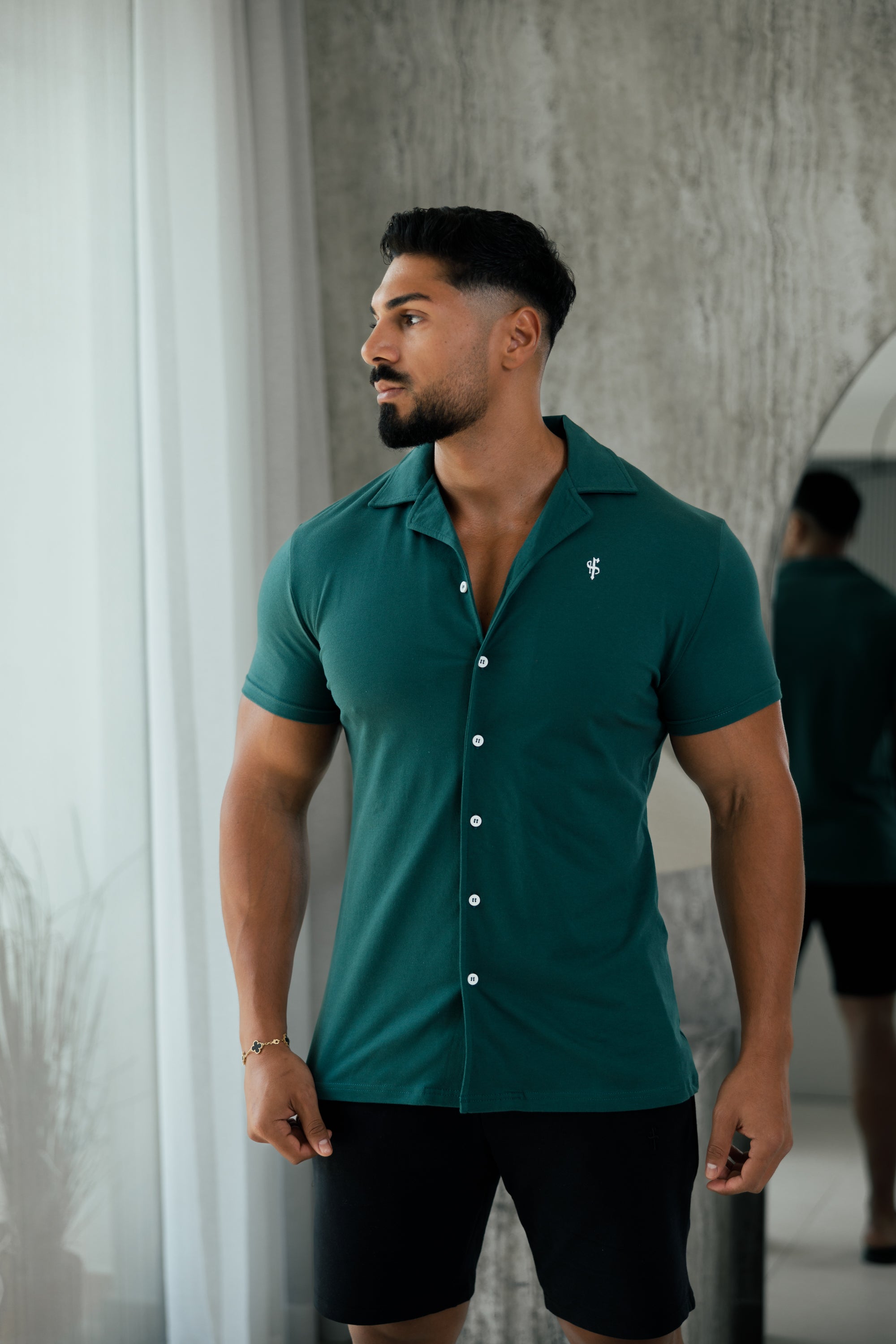 Stretch Green Pique Revere Shirt Short Sleeve - FSH1076