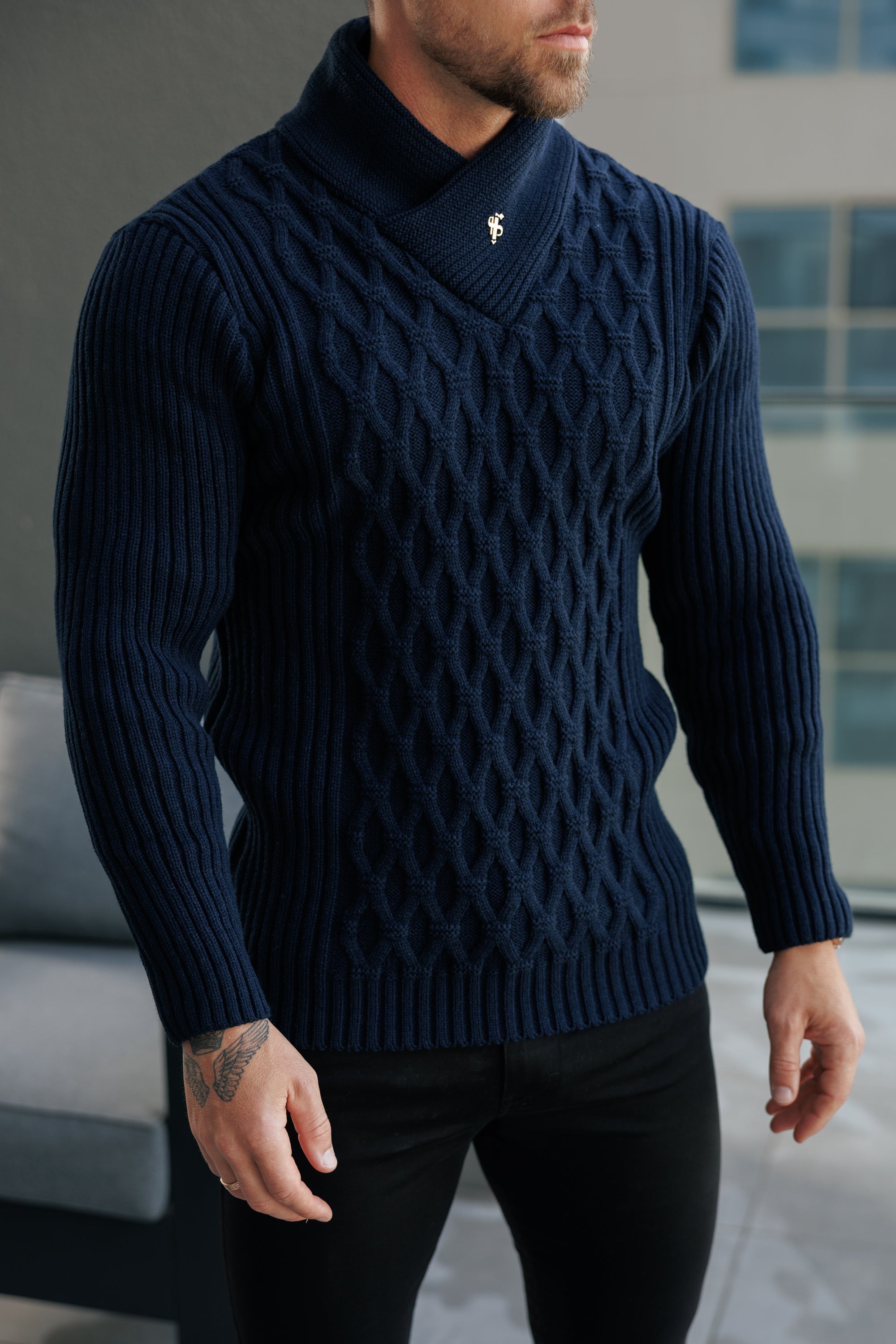 Chunky Cable Knit Navy Jumper - FSJ060