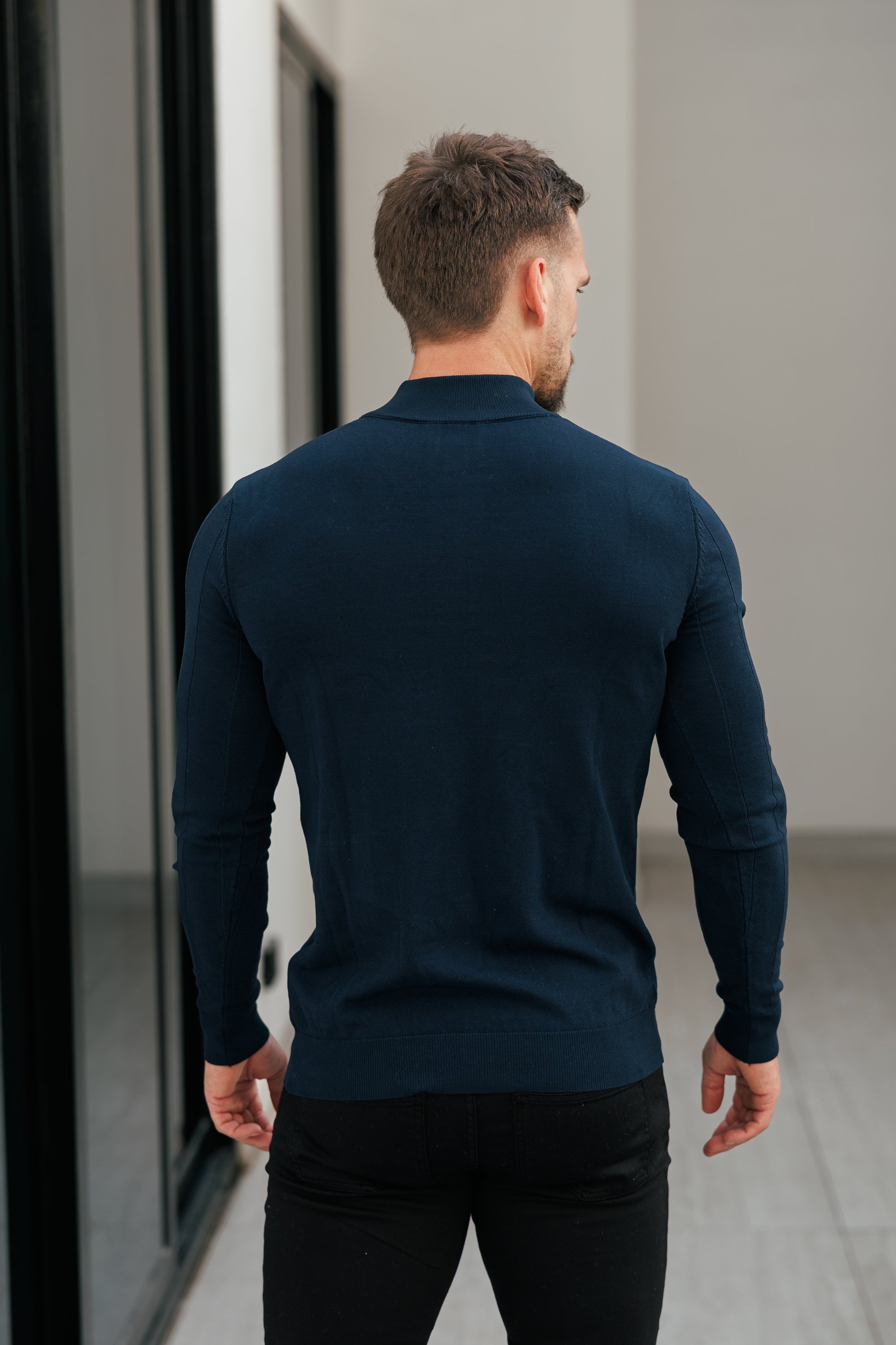 Self Stripe 1/4 Zip Funnel Neck Knit Jumper Navy Long Sleeve - FSR049