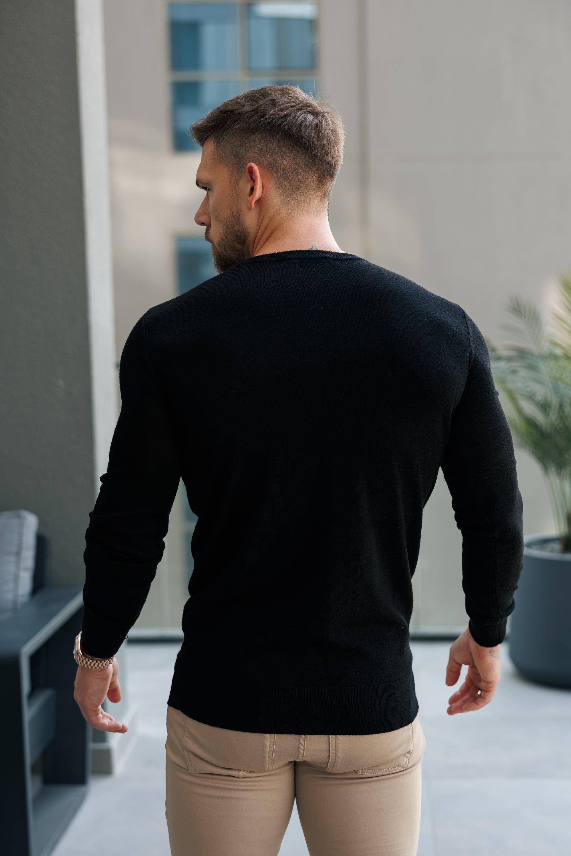 Merino Wool Knitted Crew Jumper Black - FSN178