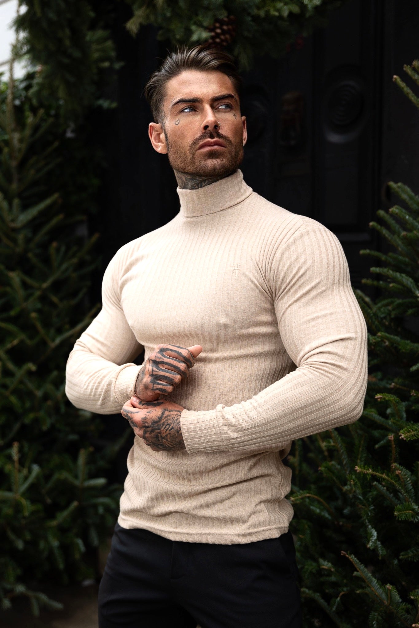 Classic Beige Ribbed Knit Roll-neck Jumper - FSH959
