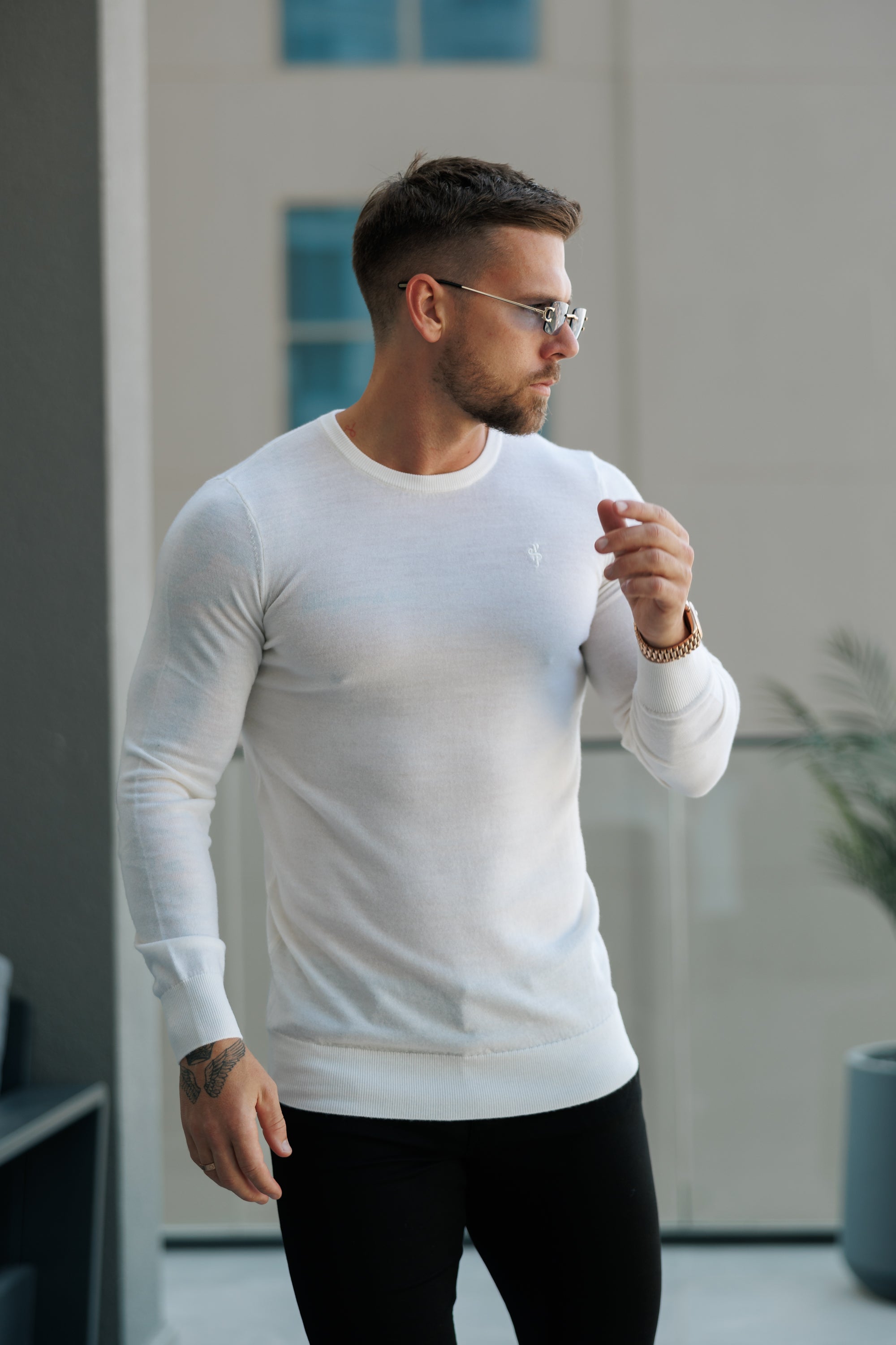 Merino Wool Knitted Crew Jumper Cream - FSN179