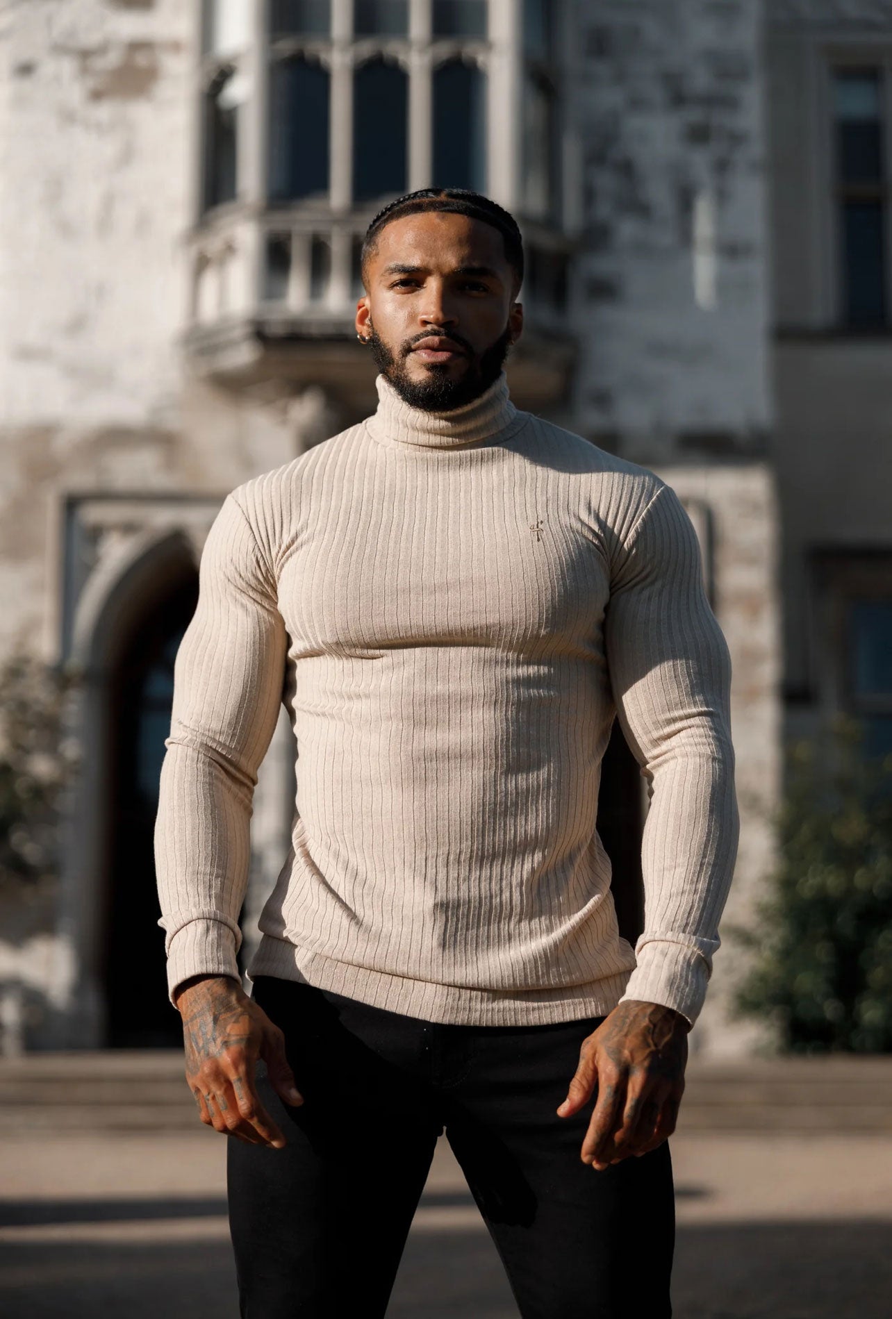 Classic Beige Ribbed Knit Roll-neck Jumper - FSH959