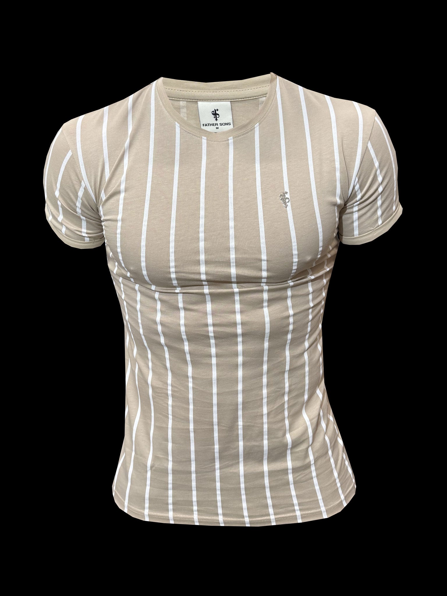 Printed Taupe / White Stripe Fitted T Shirt - FSH1170