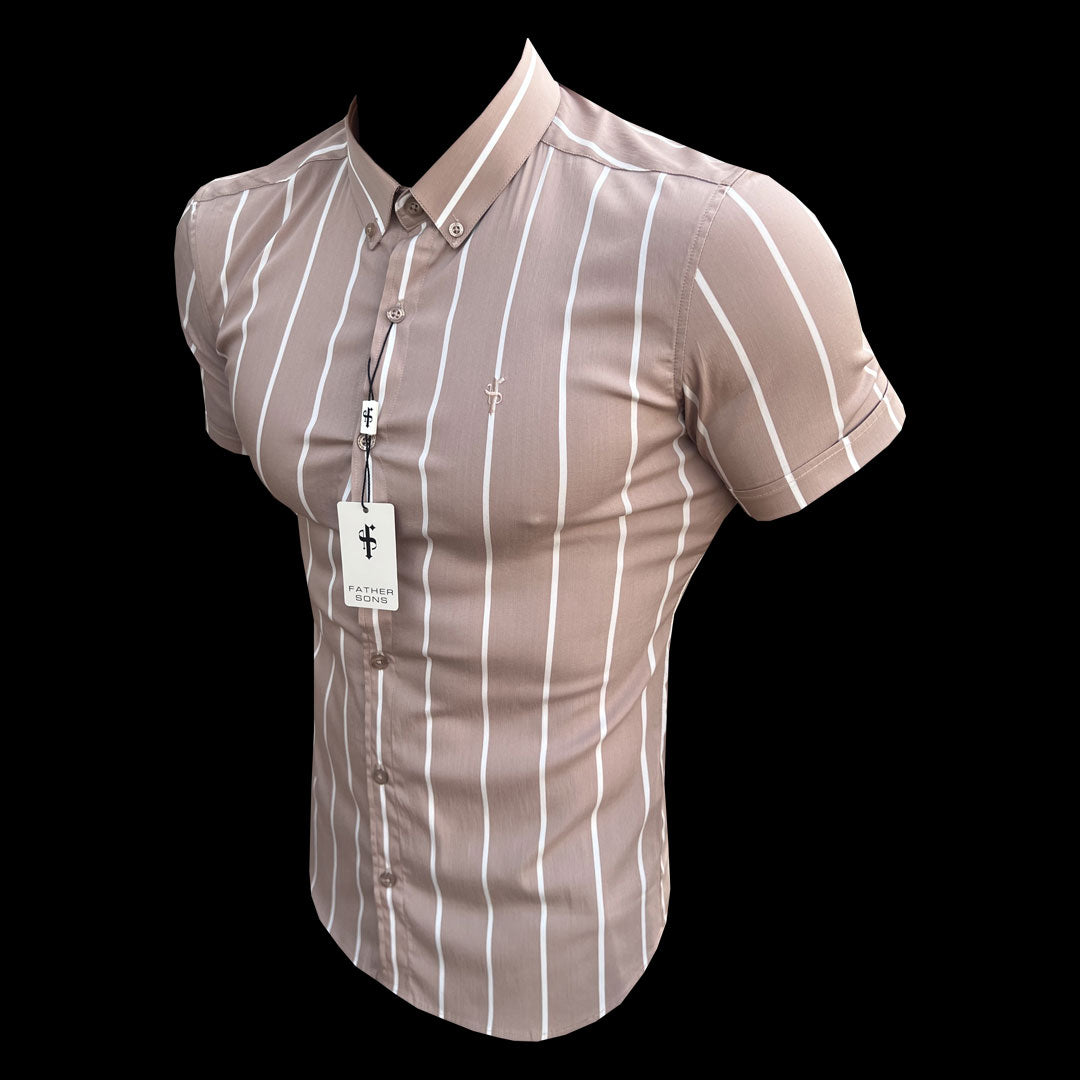 Super Slim Stretch Taupe Printed Wide Stripe Short Sleeve with Button Down Collar - FS1066