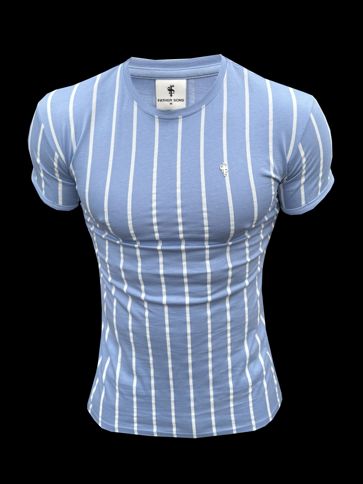 Printed Light Blue / White Stripe Fitted T Shirt - FSH1169