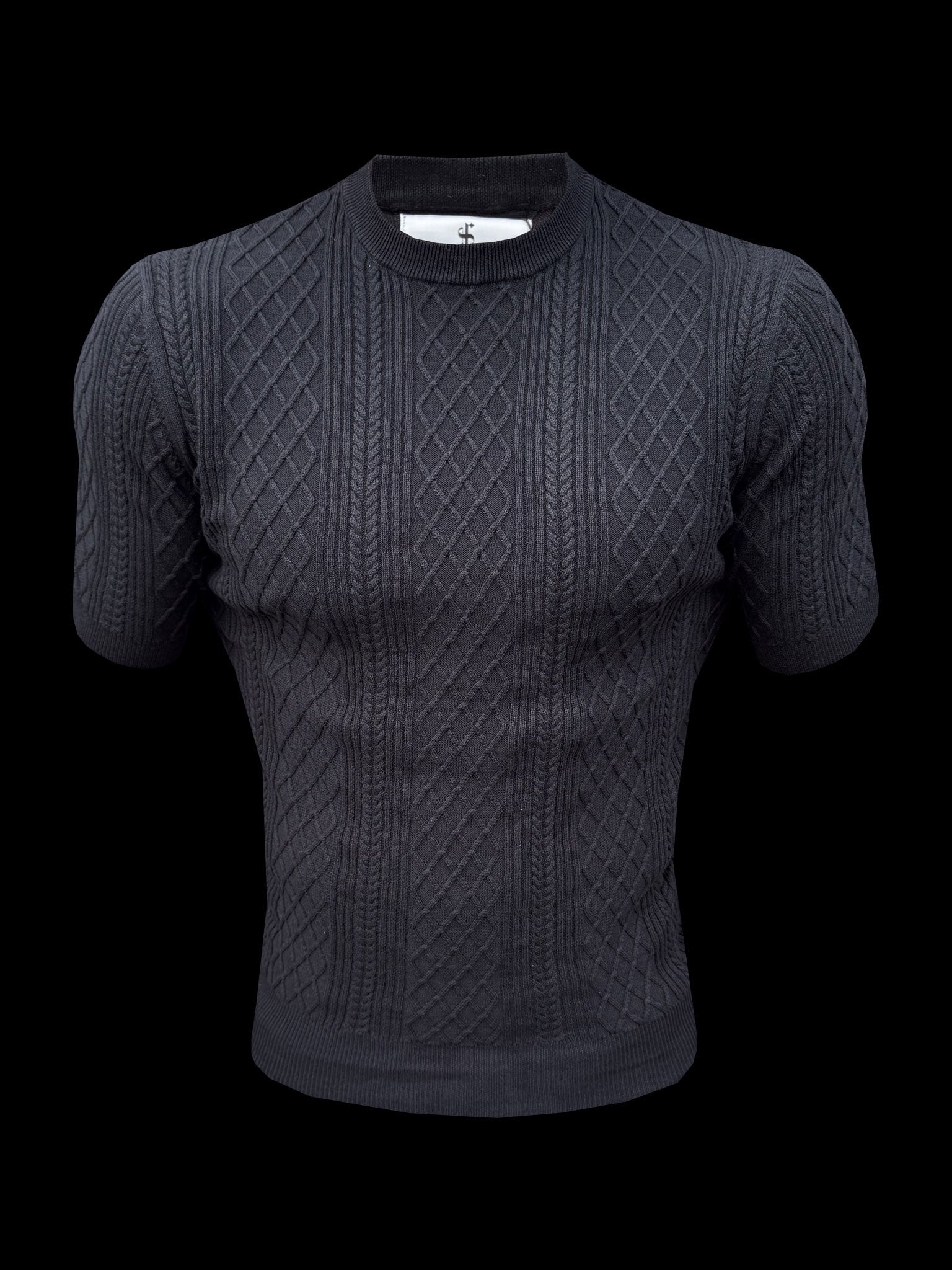 Fine Knit Diamond Black Jumper Short Sleeve - FSA010