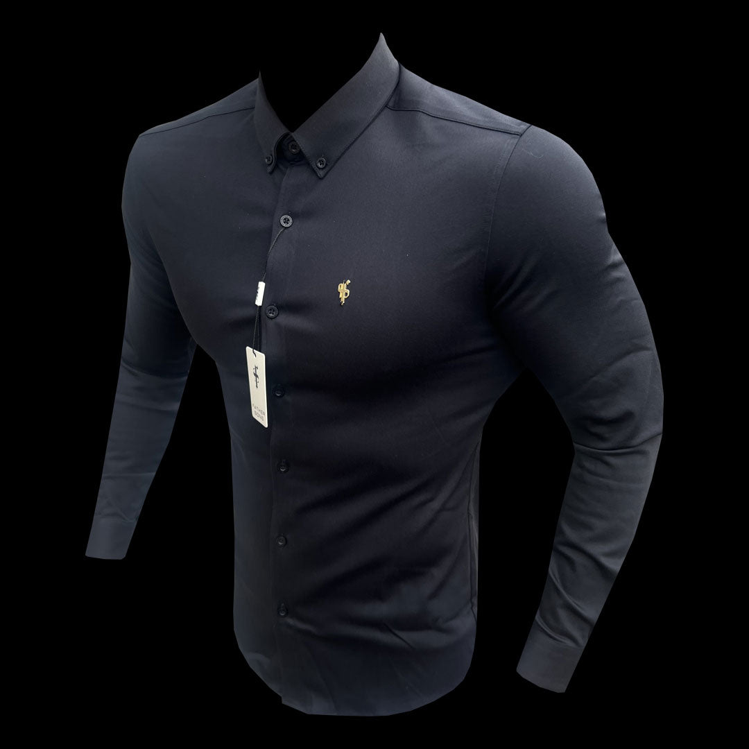 Super Slim Stretch Black Denim Long Sleeve with Gold Metal Decal and Button Down Collar - FS1040