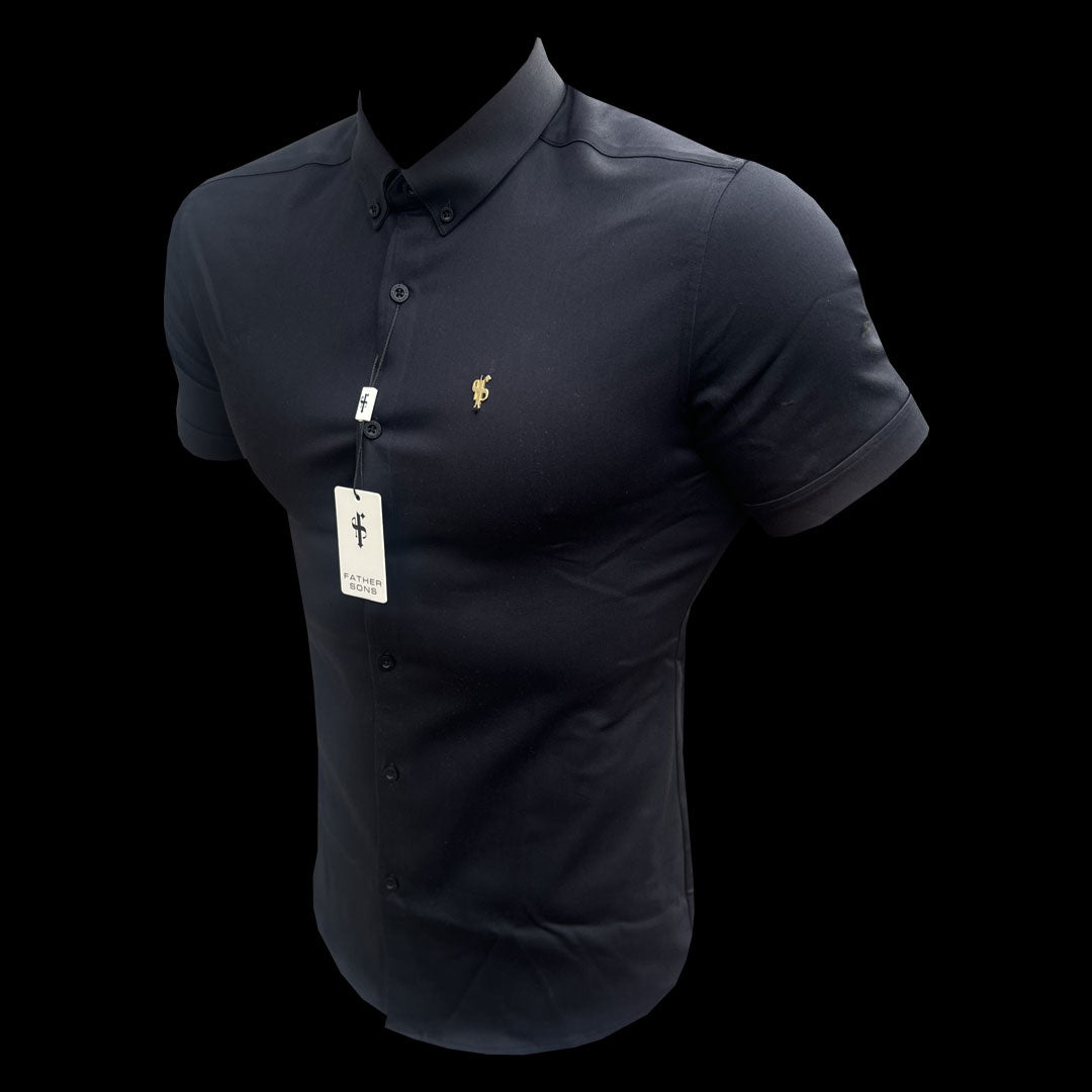 Super Slim Stretch Black Denim Short Sleeve with Gold Metal Decal and Button Down Collar - FS1041