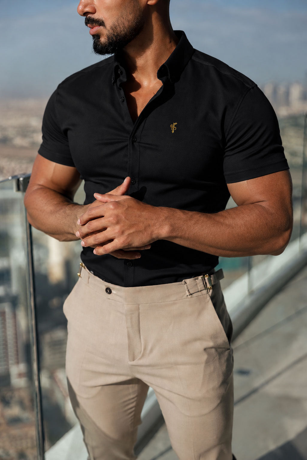 Super Slim Stretch Black Denim Short Sleeve with Gold Embroidery and Button Down Collar - FS1041