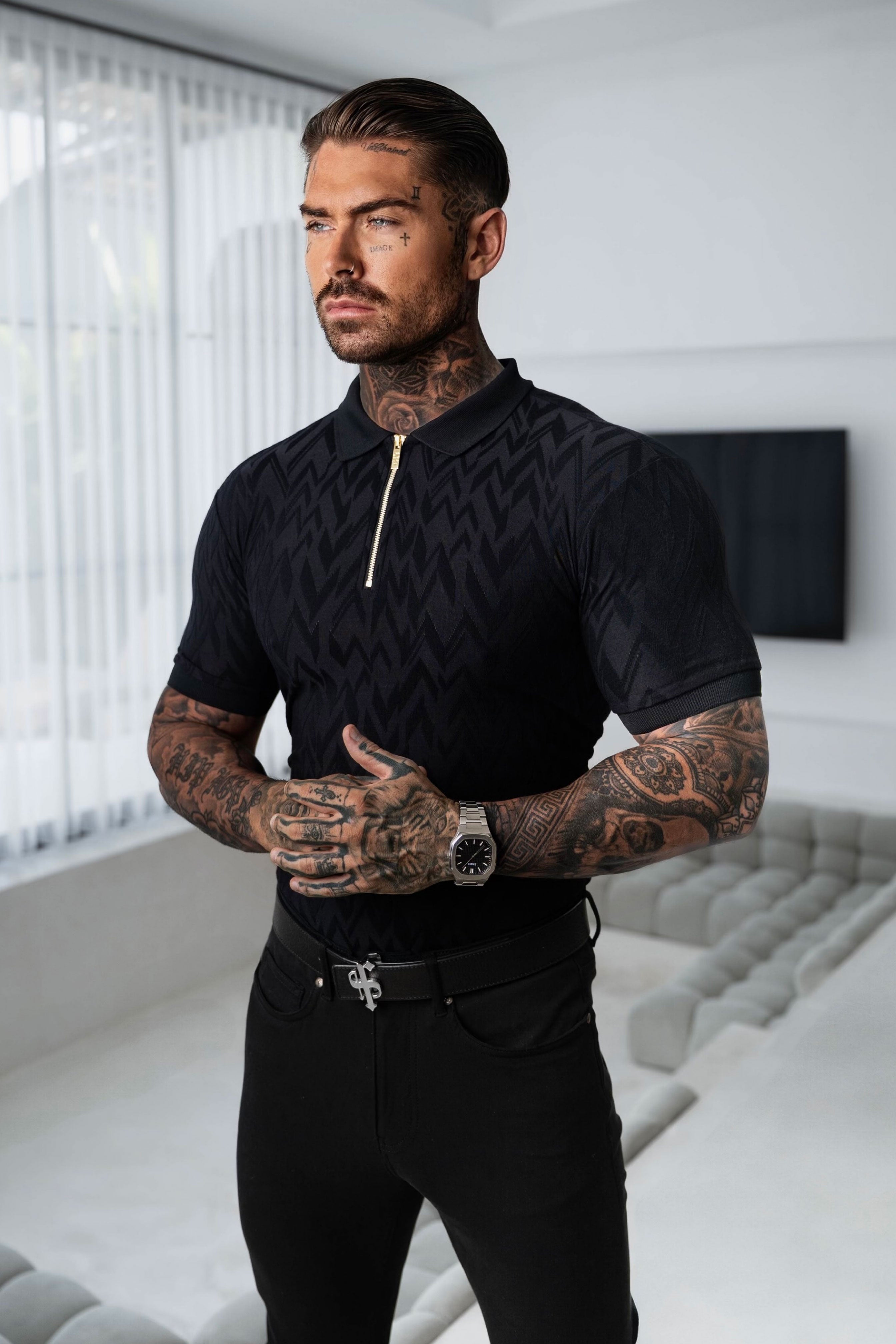 Classic Jacquard Black Chevron Zipped Polo - FSR019