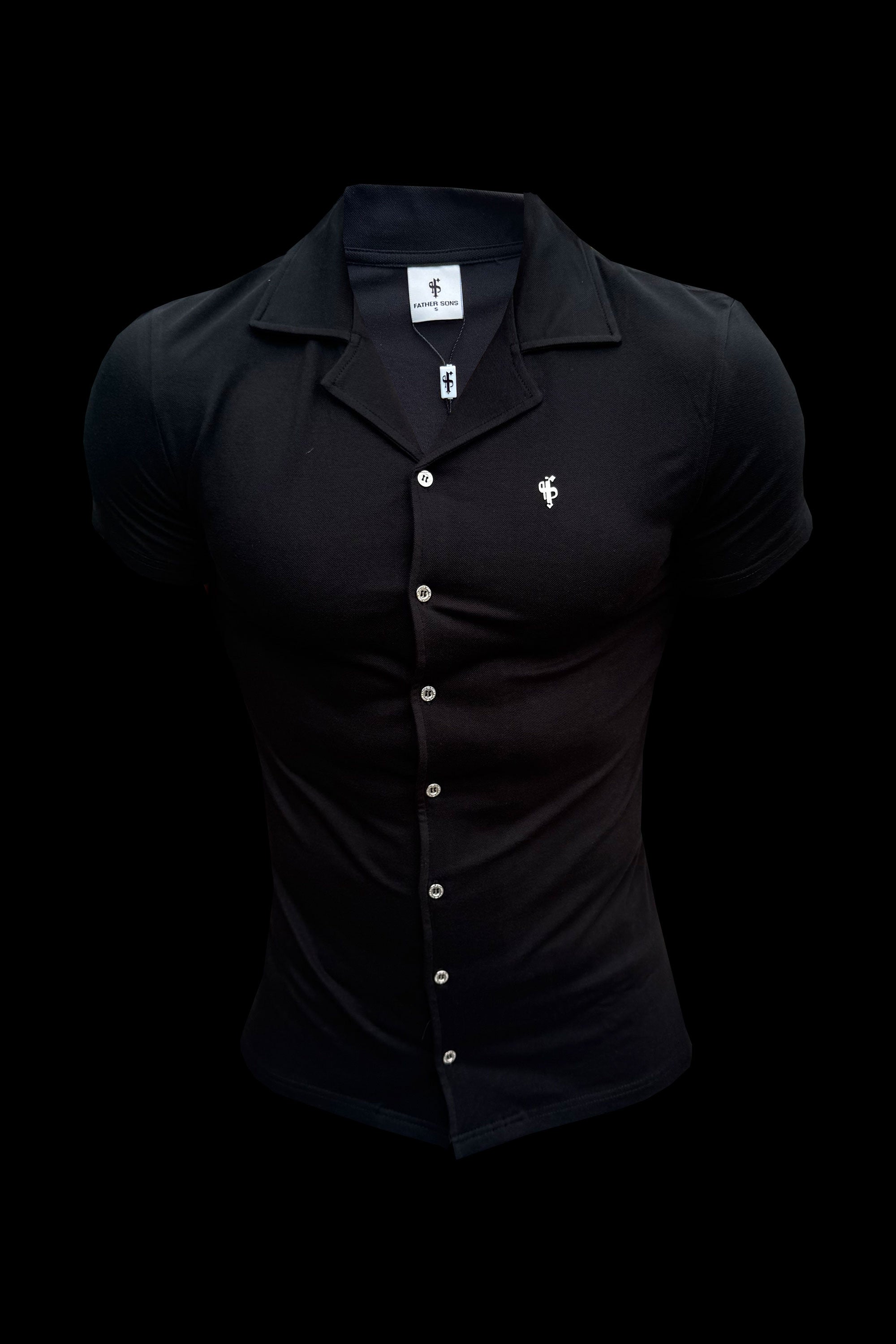 Stretch Black / Silver Pique Revere Shirt Short Sleeve - FSH1355