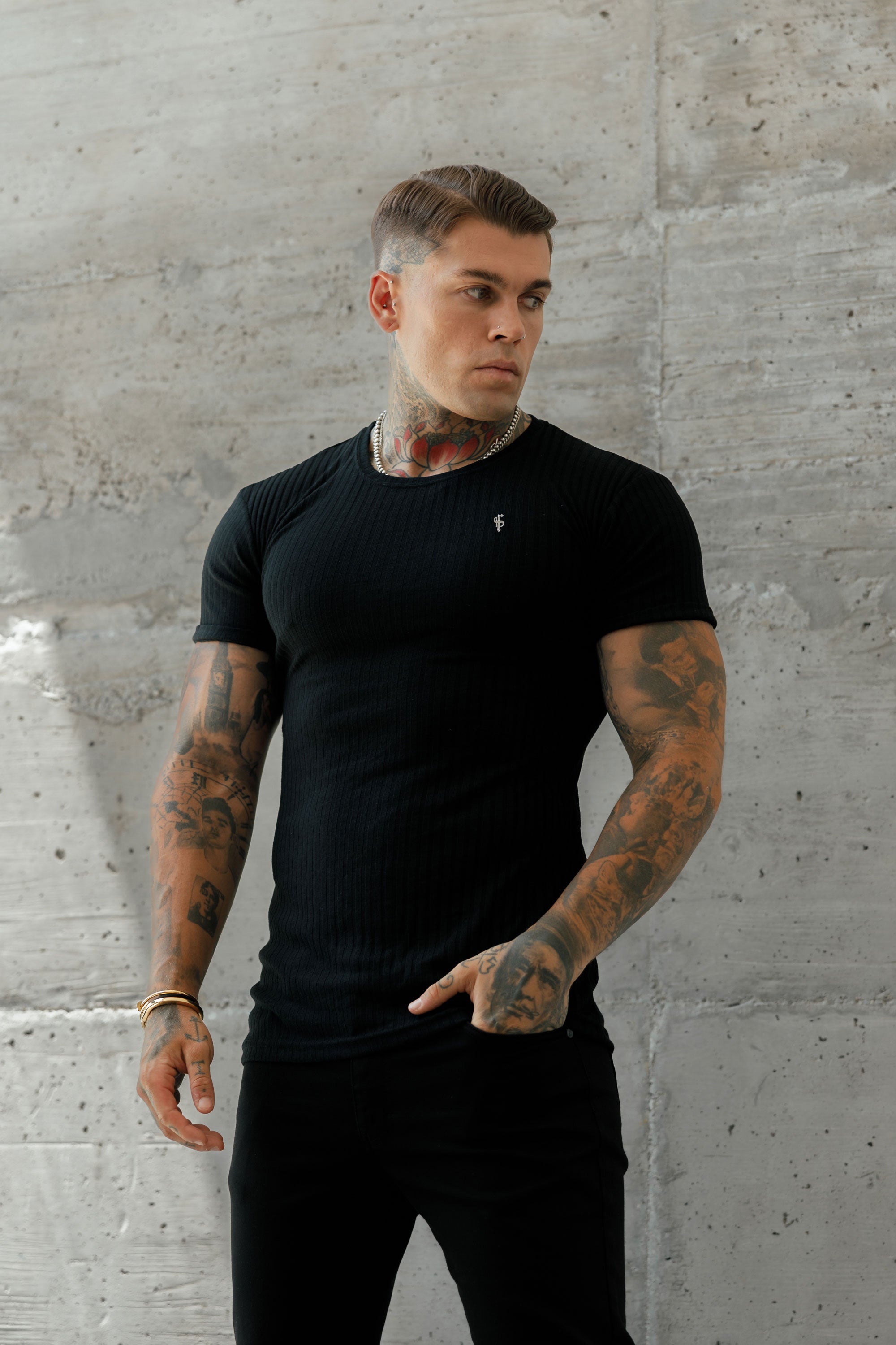 Black / Silver Ribbed Knit Super Slim Short Sleeve Crew T-Shirt - FSH1369