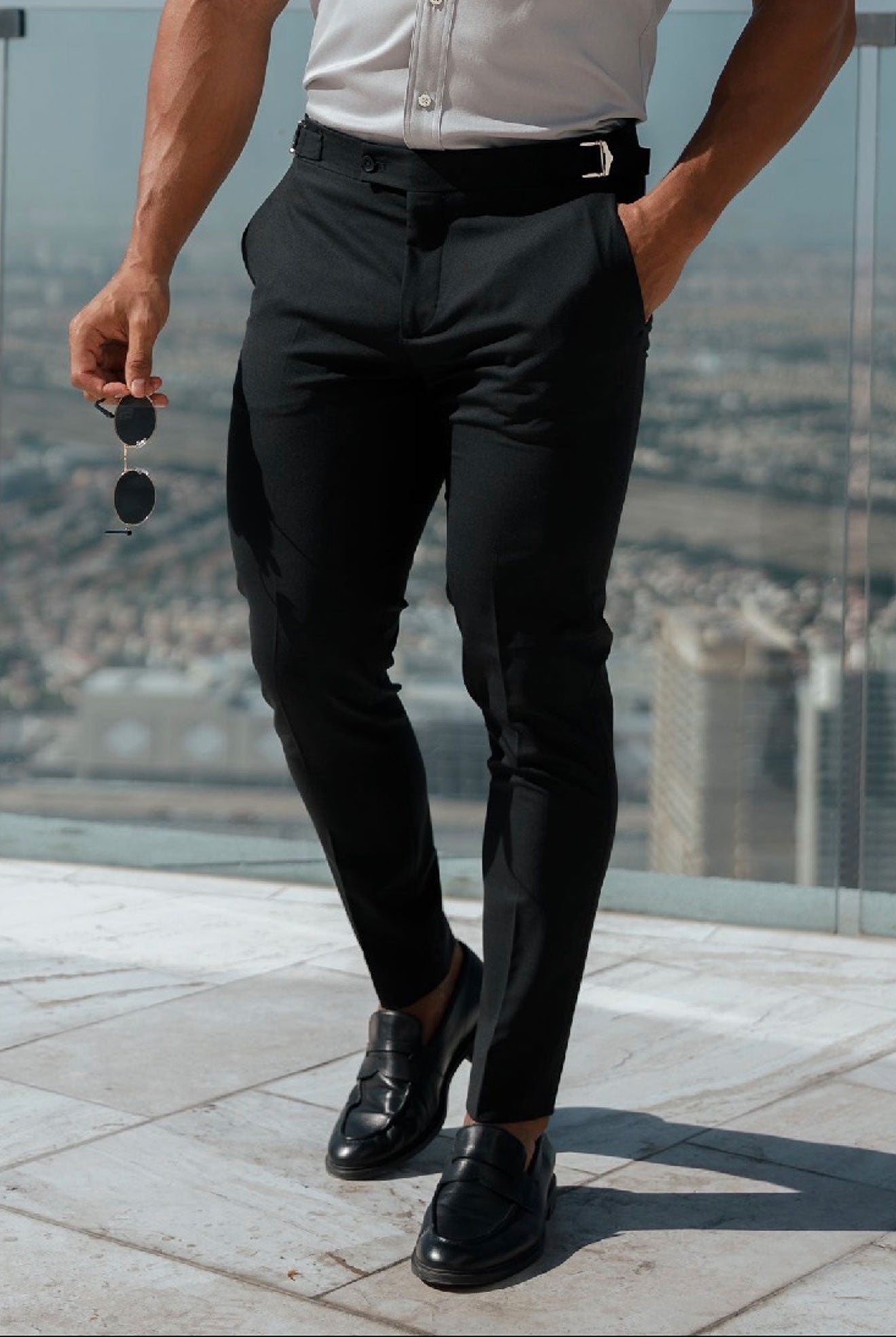 Slim Formal Black Stretch Trousers With Silver Waist Adjusters - FST042