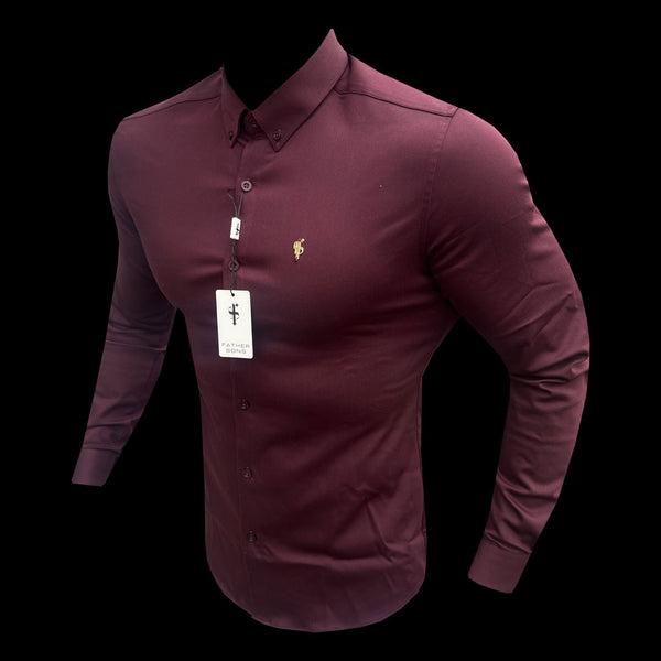 Father Sons Super Slim Stretch Burgundy Denim Long Sleeve with Gold Metal Decal and Button Down Collar - FS1046
