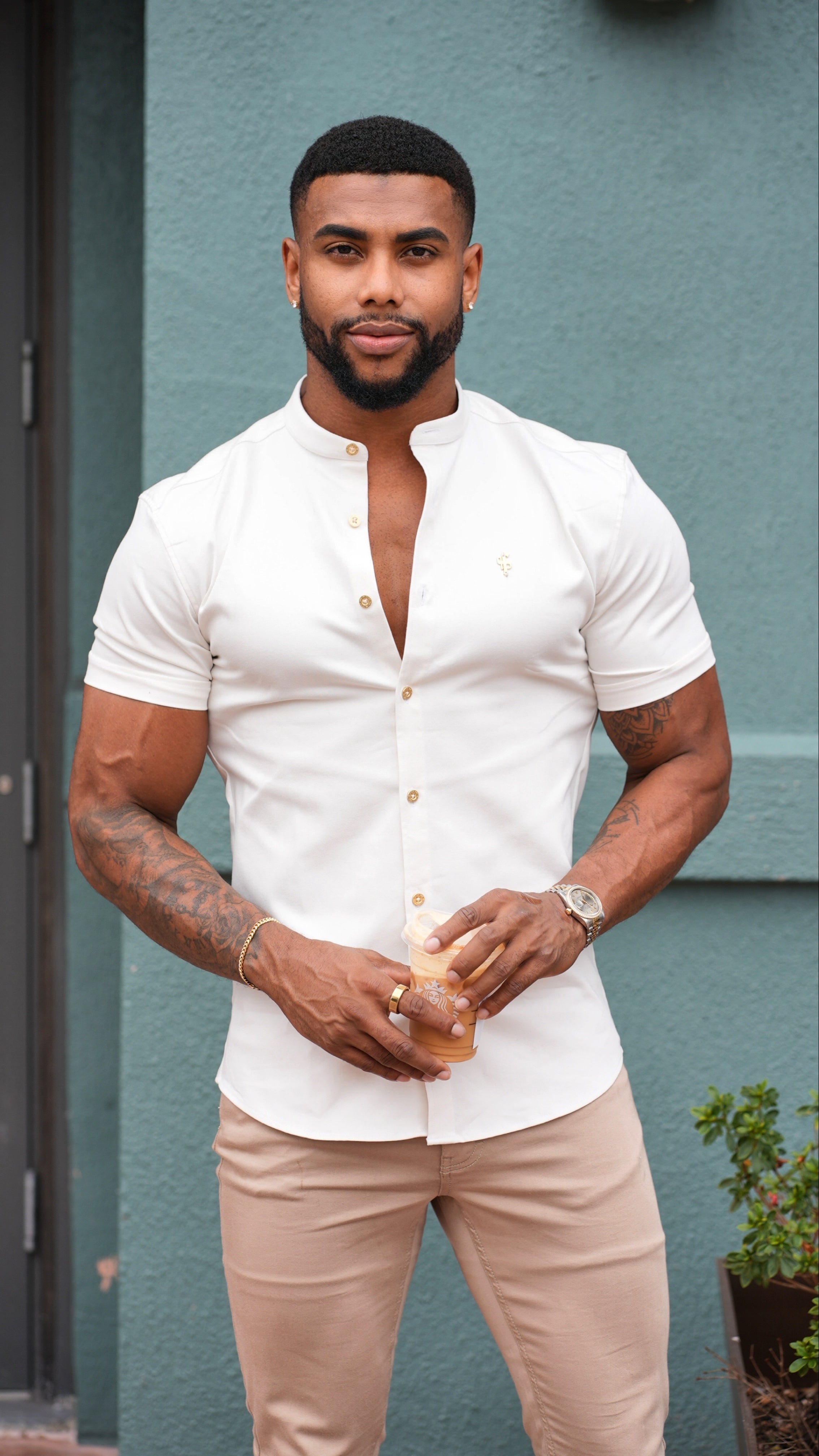 Super Slim Stretch Cream Denim Short Sleeve With Grandad Collar and Gold Metal Buttons and Decal - FS971