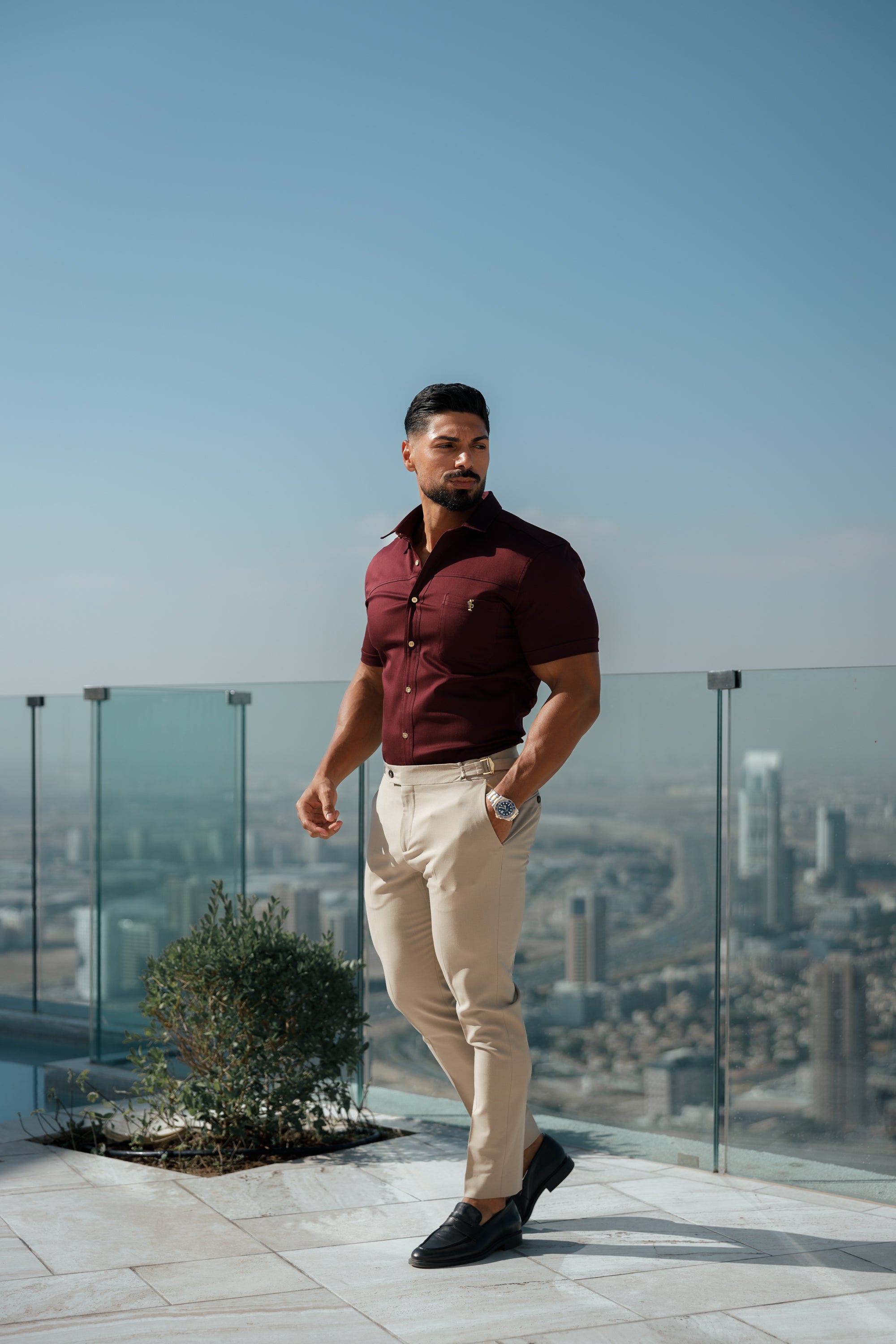 Super Slim Stretch Burgundy Denim Short Sleeve with Horizontal Seam and Pocket- FS961