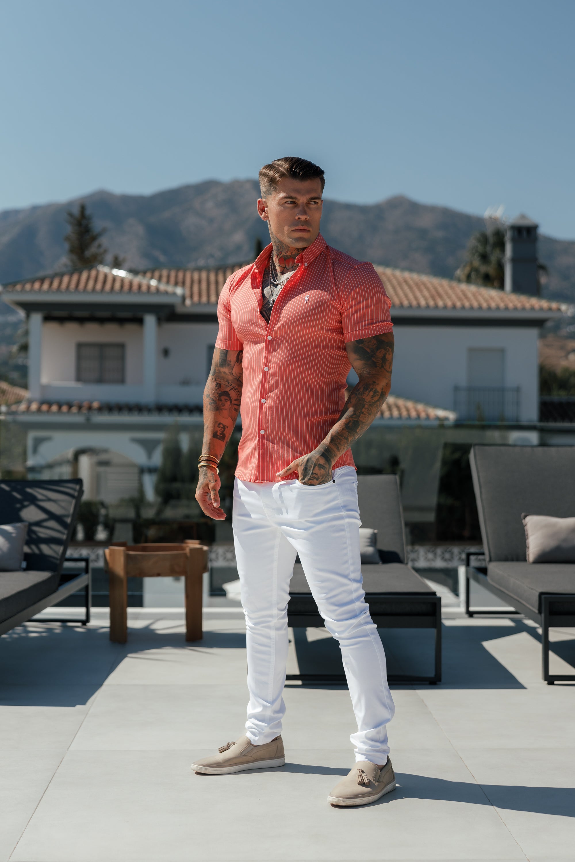 Super Slim Stretch Coral Printed Pinstripe Short Sleeve with Button Down Collar - FS1062