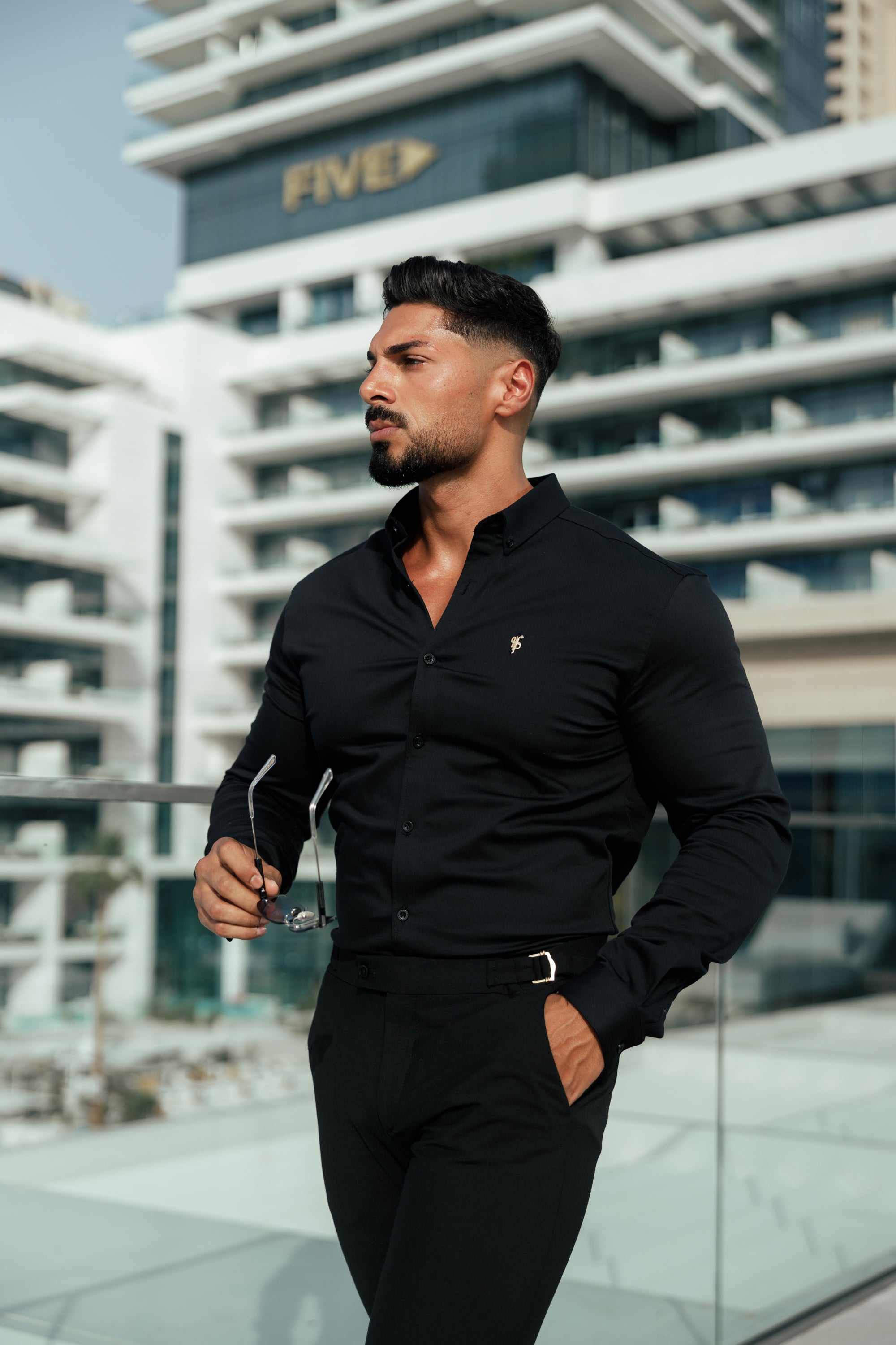 Super Slim Stretch Black Denim Long Sleeve with Gold Metal Decal and Button Down Collar - FS1040