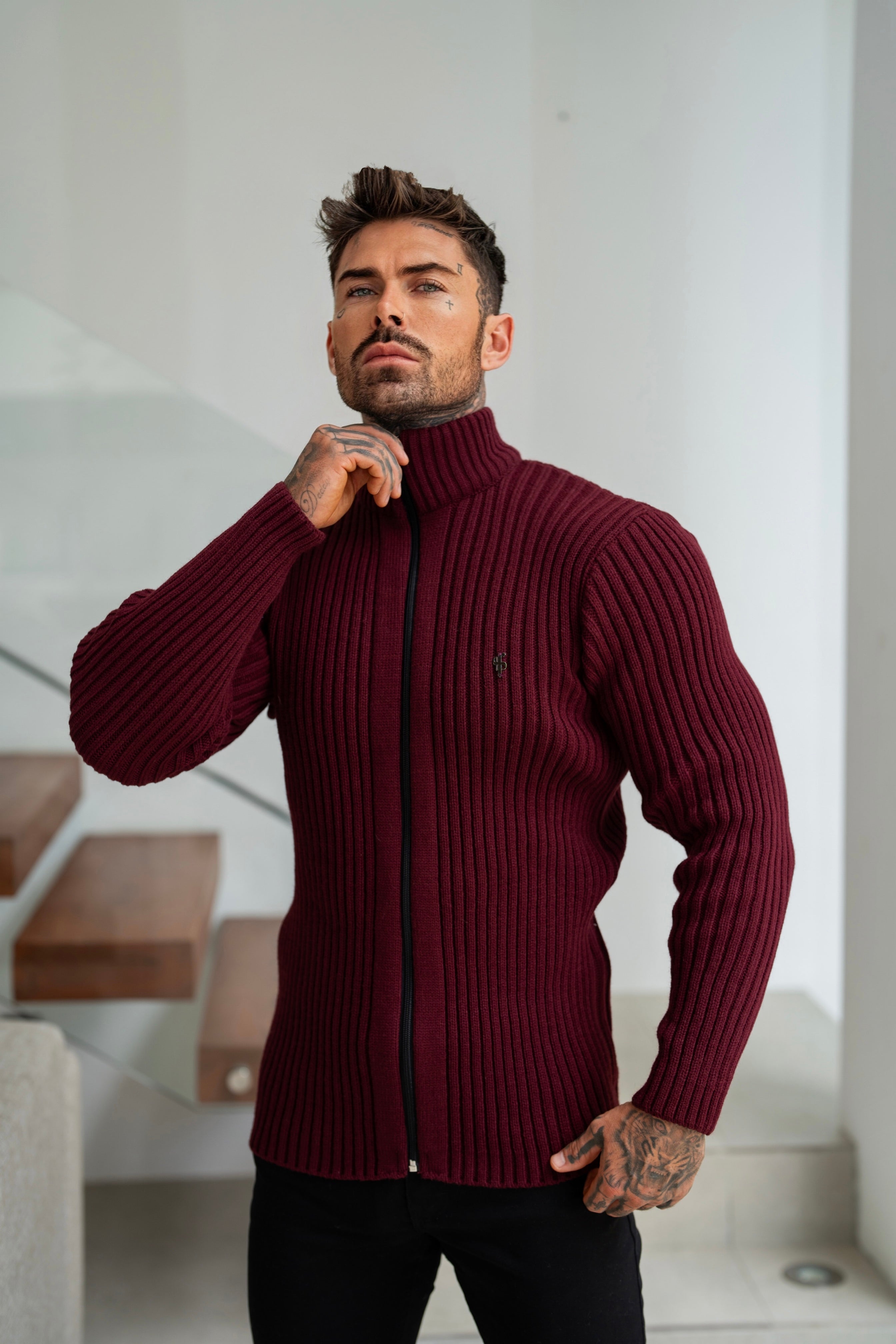 Chunky Burgundy Ribbed Zipped Cardigan - FSJ071