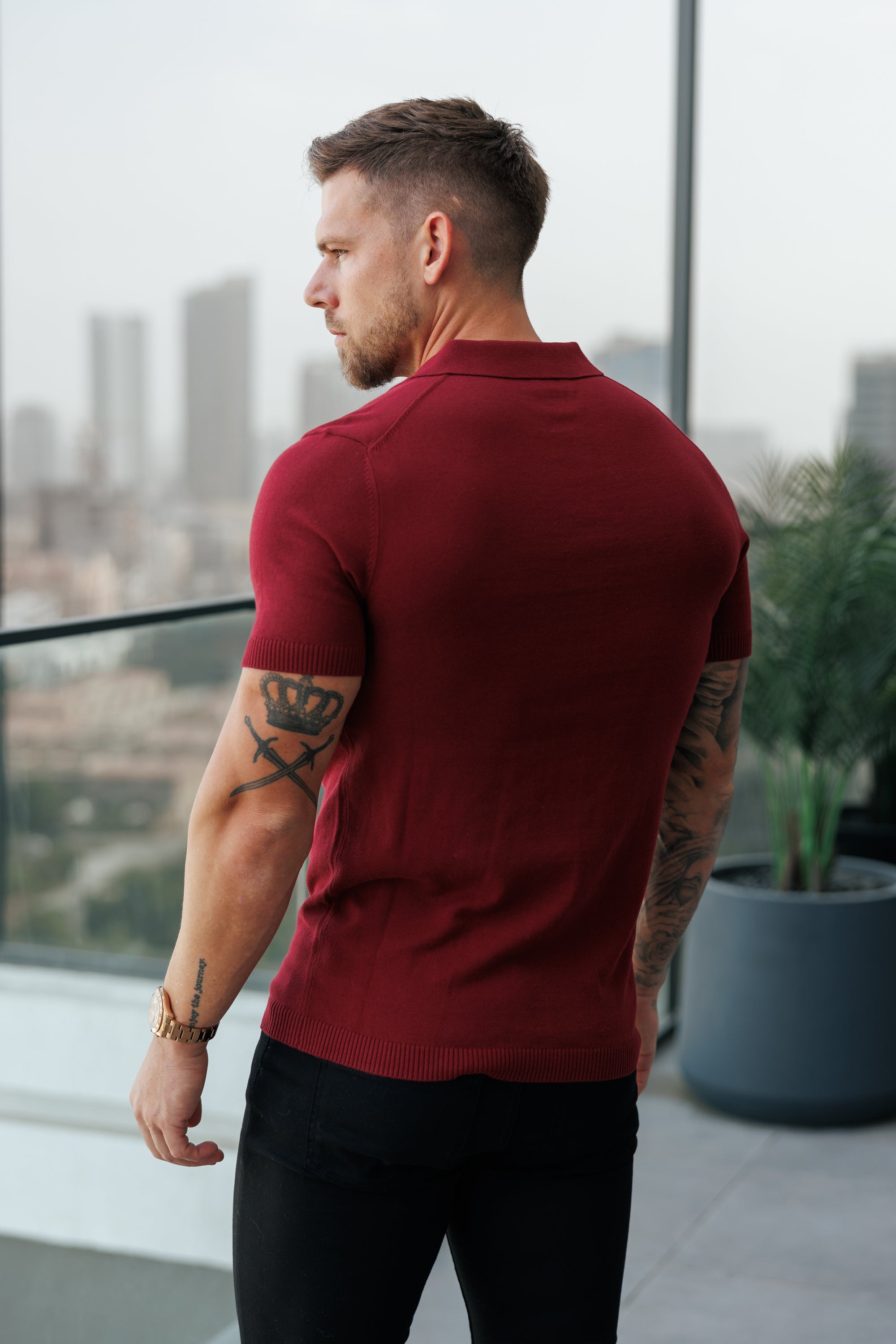 Classic Plain Burgundy Knitted Button Through Polo Short Sleeve - FSN217