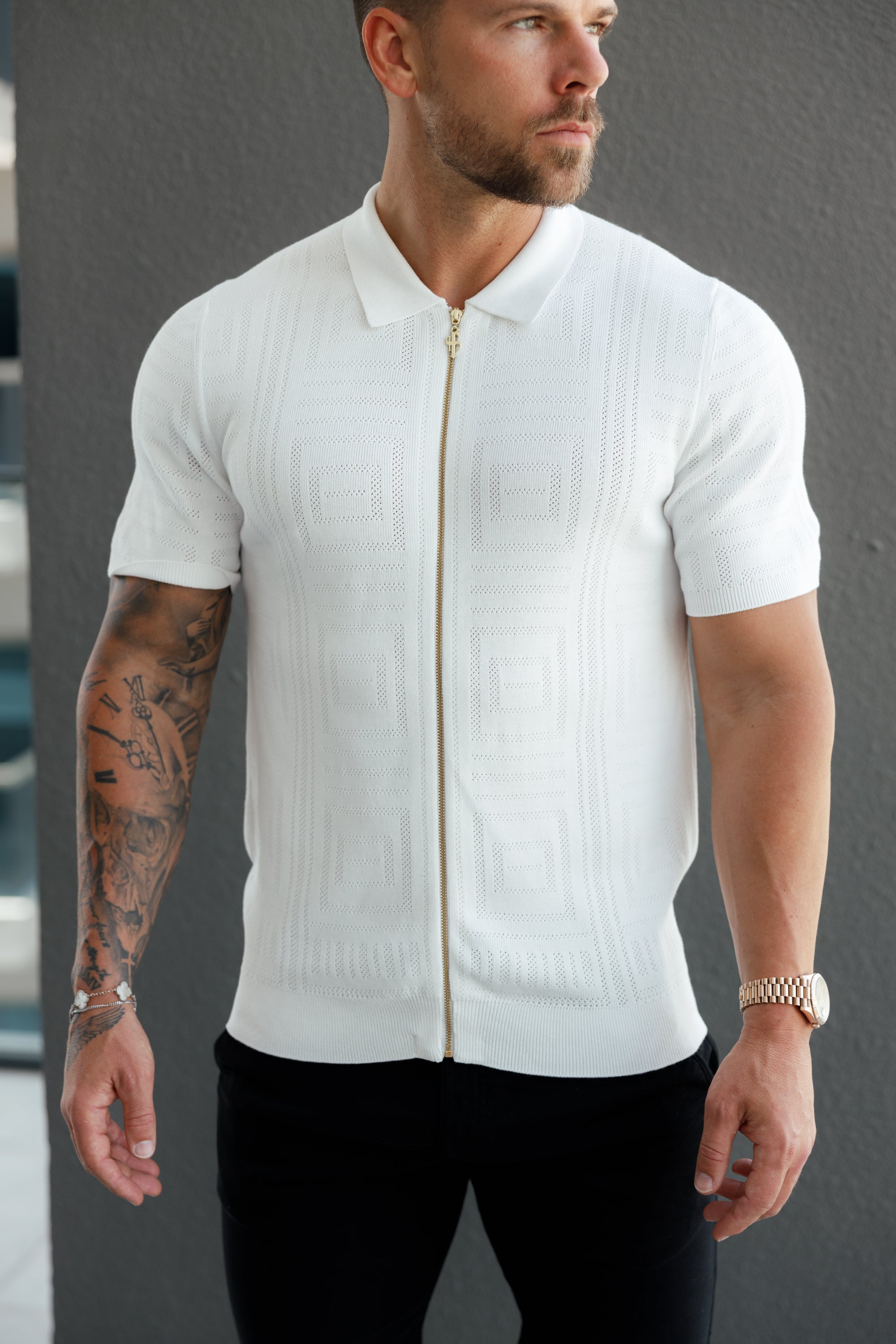 Classic Knitted Geo Design With Full Length Zip Off White Short Sleeve - FSN148