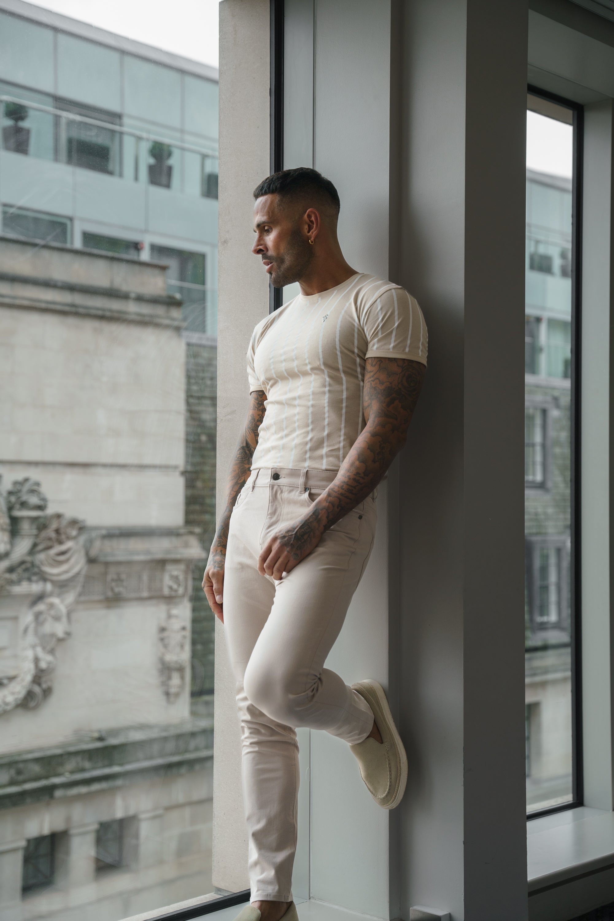 Printed Taupe / White Stripe Fitted T Shirt - FSH1170