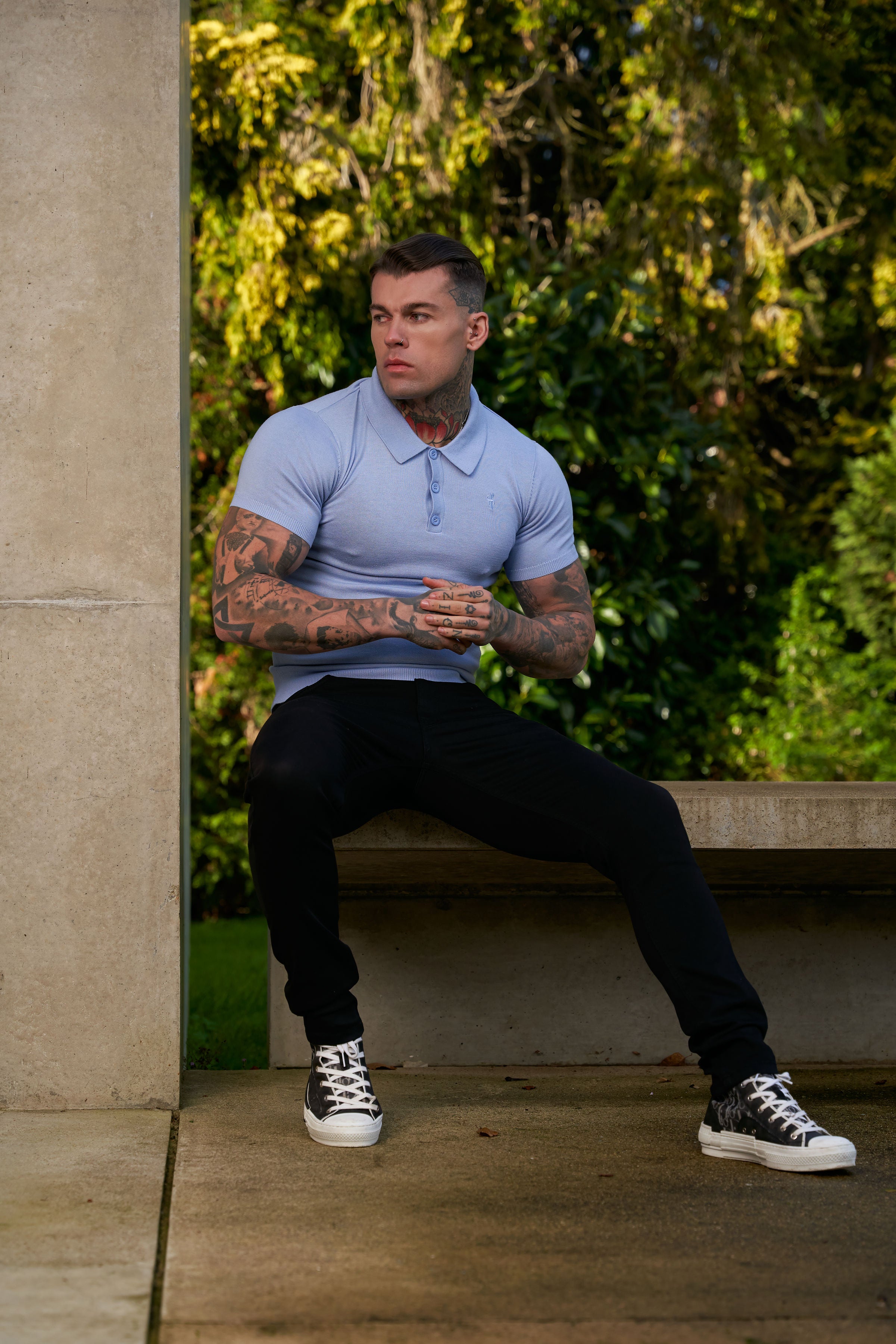 Classic Pale Blue Knitted Polo Jumper Short Sleeve With Tonal FS Embroidery- FSN146