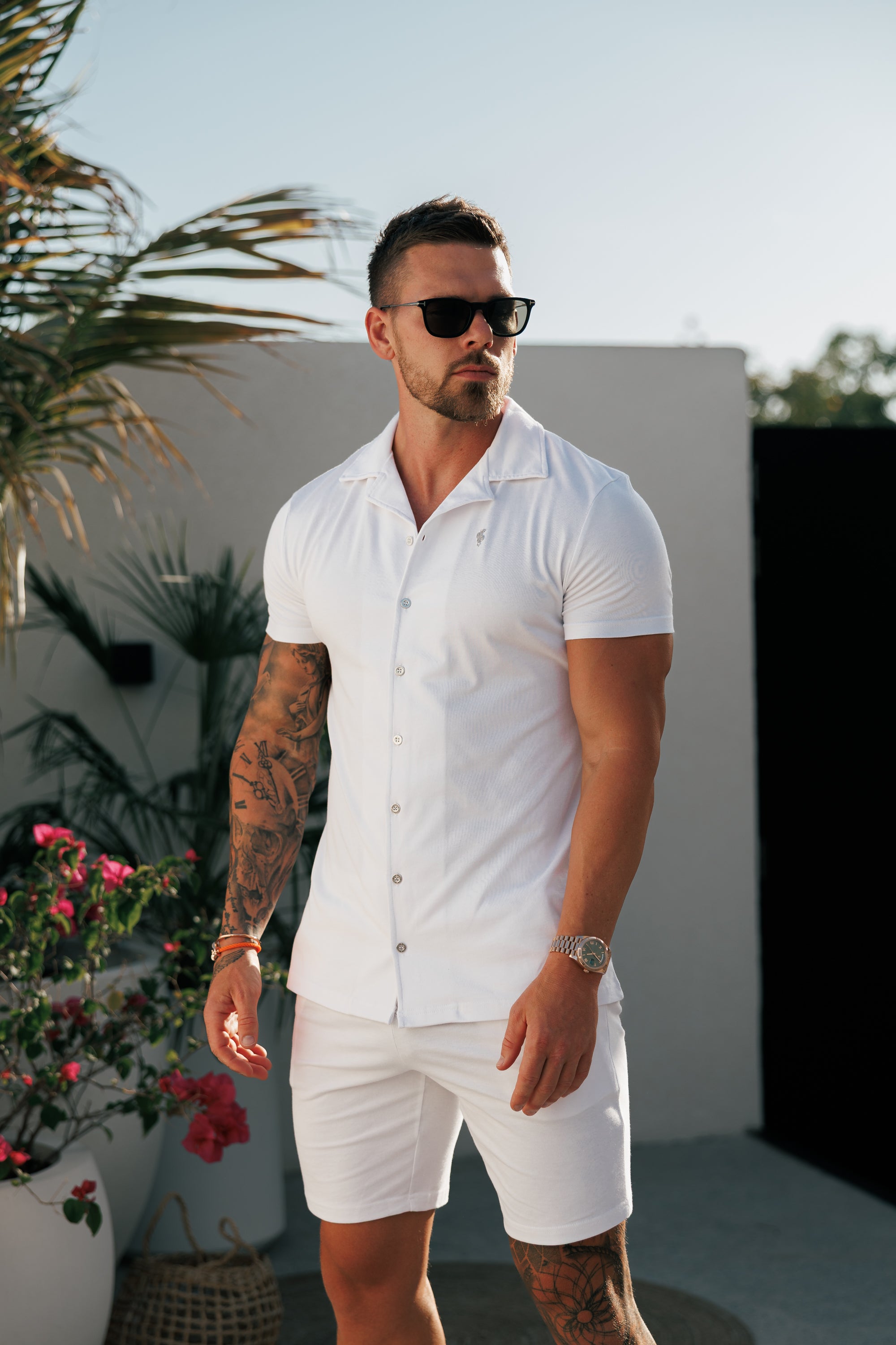Stretch White / Silver Pique Revere Shirt Short Sleeve - FSH1356
