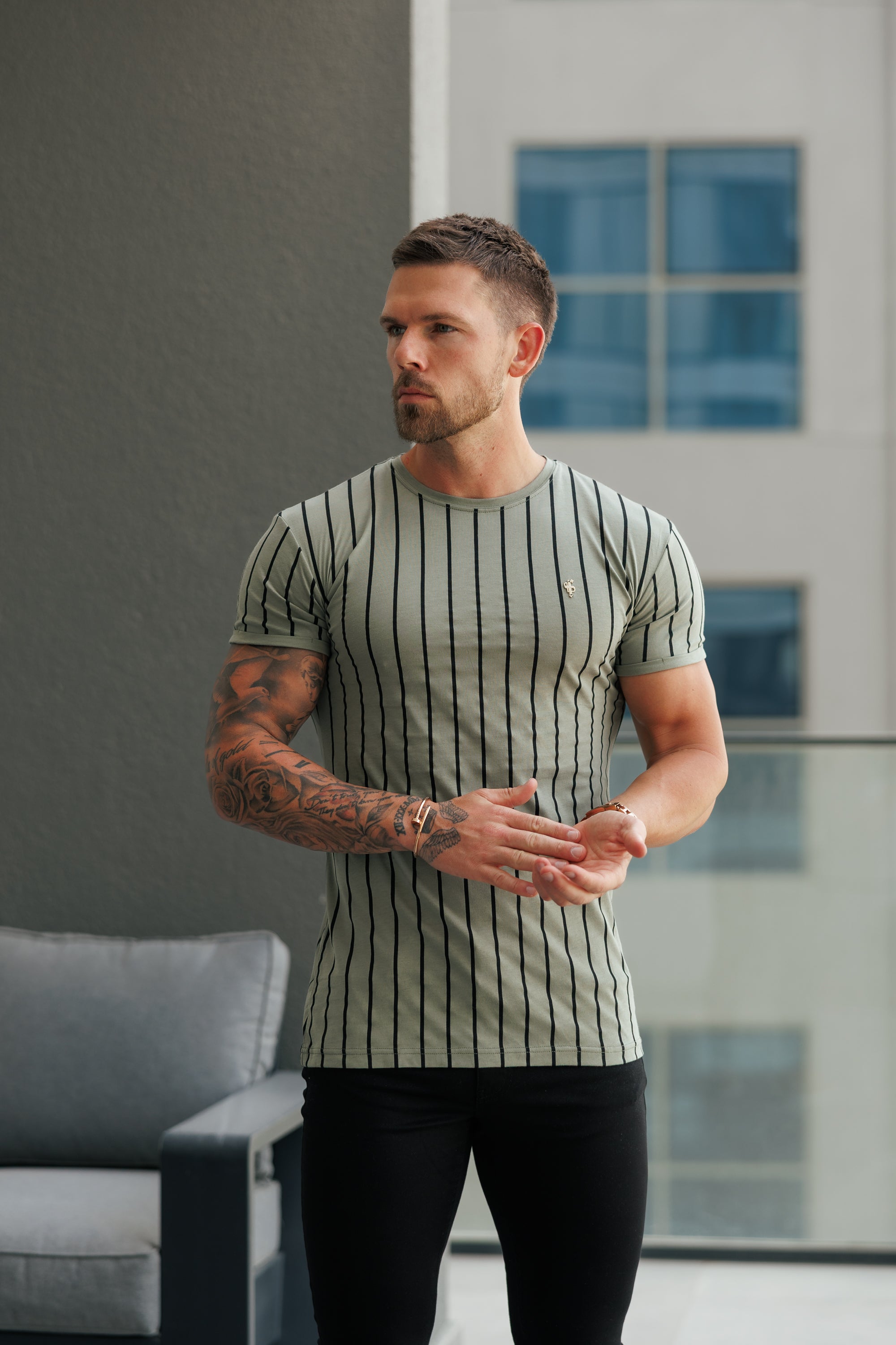 Printed Olive / Black Stripe Fitted T Shirt - FSH1374