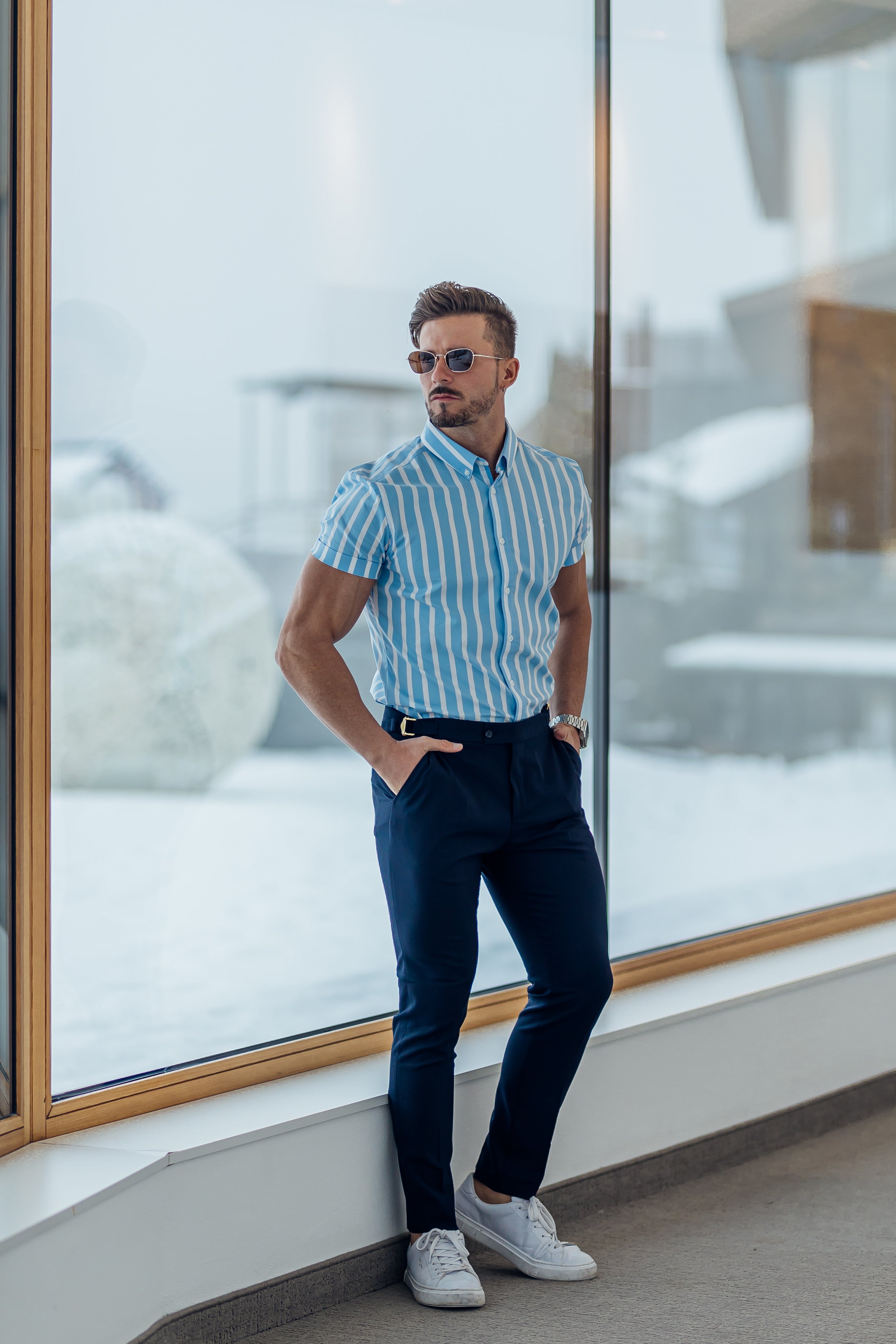 Classic Light Blue and White Deckchair Woven Stripe Short Sleeve - FS976