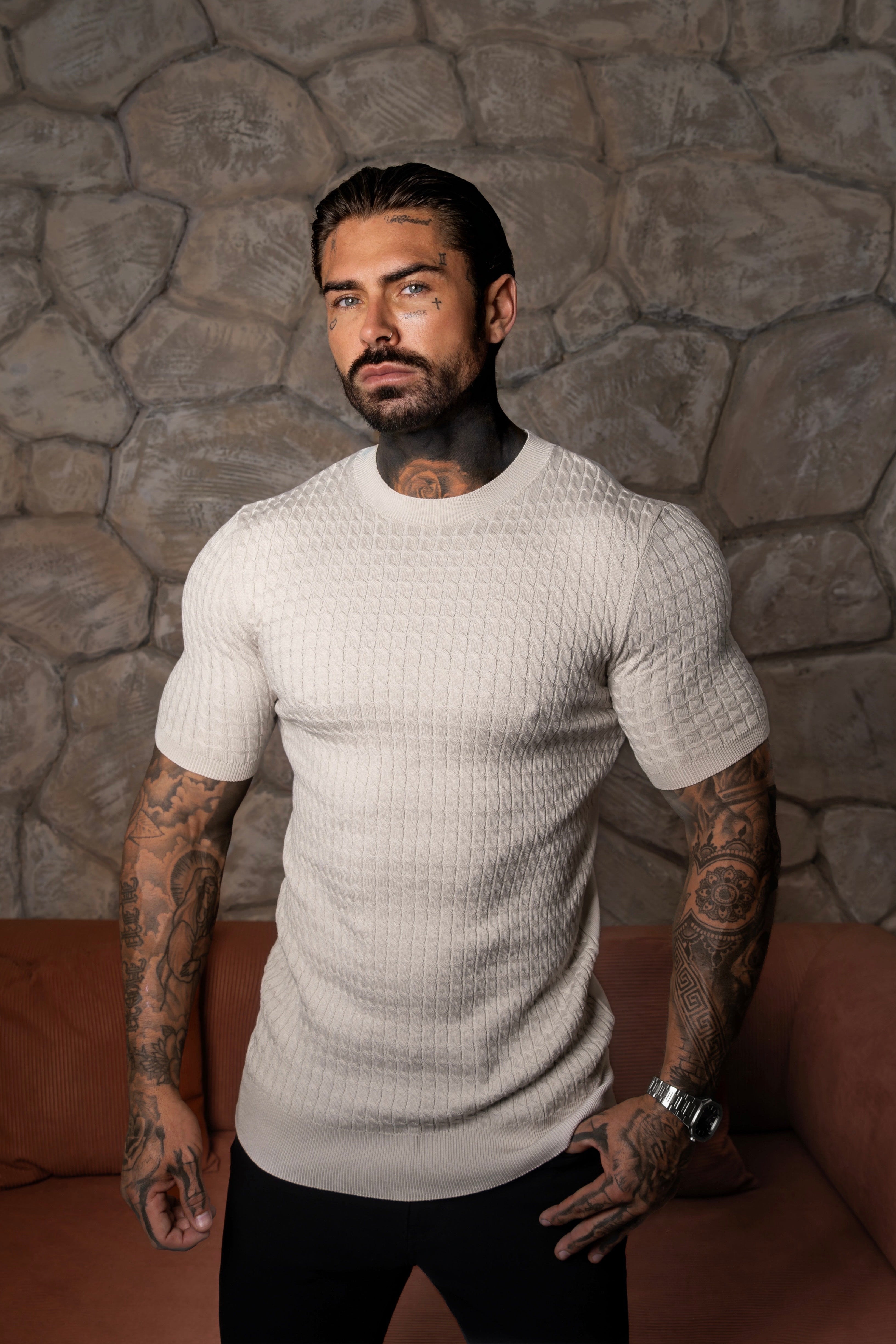 Front Chain Knit Crew Tshirt Cream Short Sleeve - FSR057