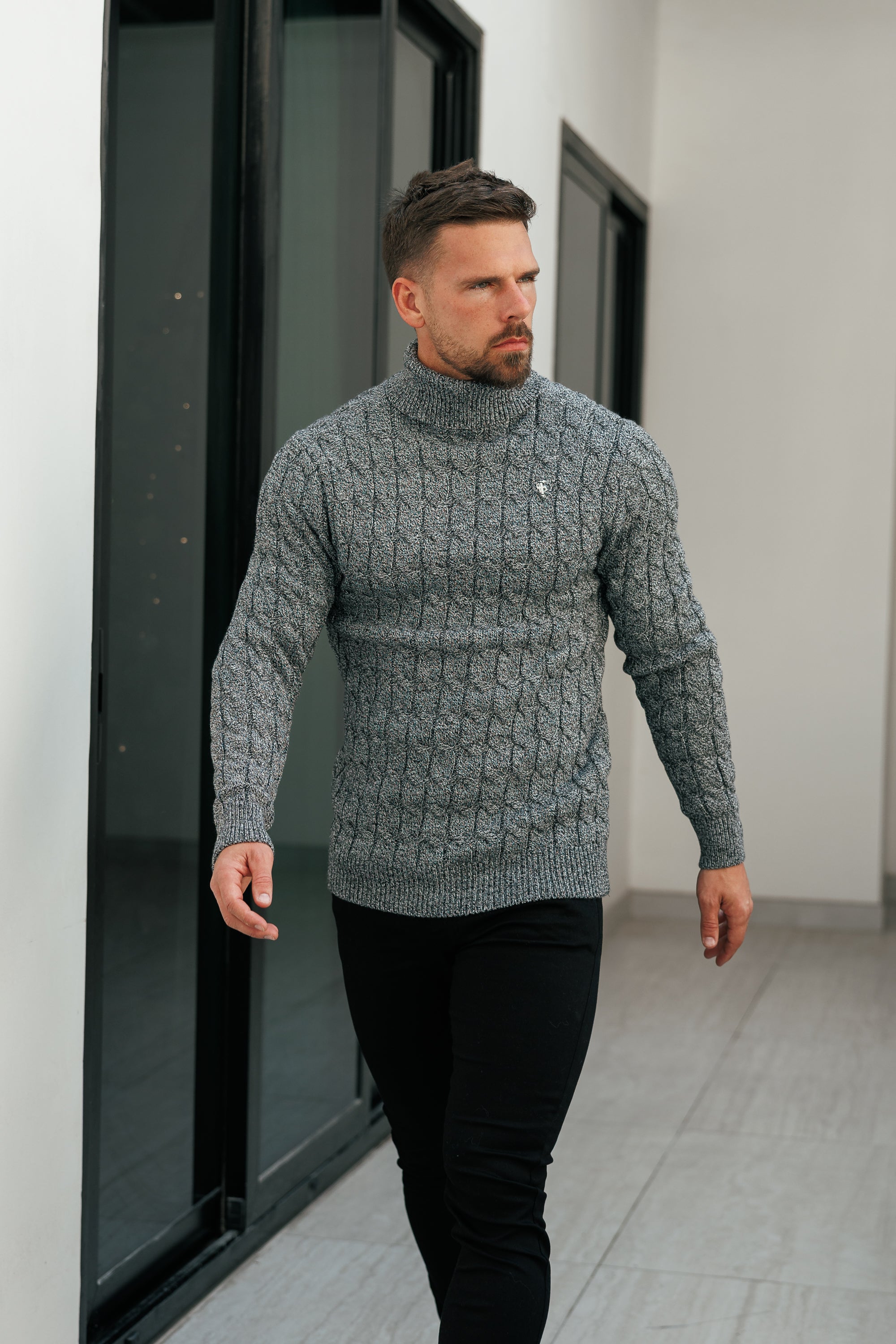 Link Weave Knit Black / White Two Tone Roll Neck Jumper - FSJ140