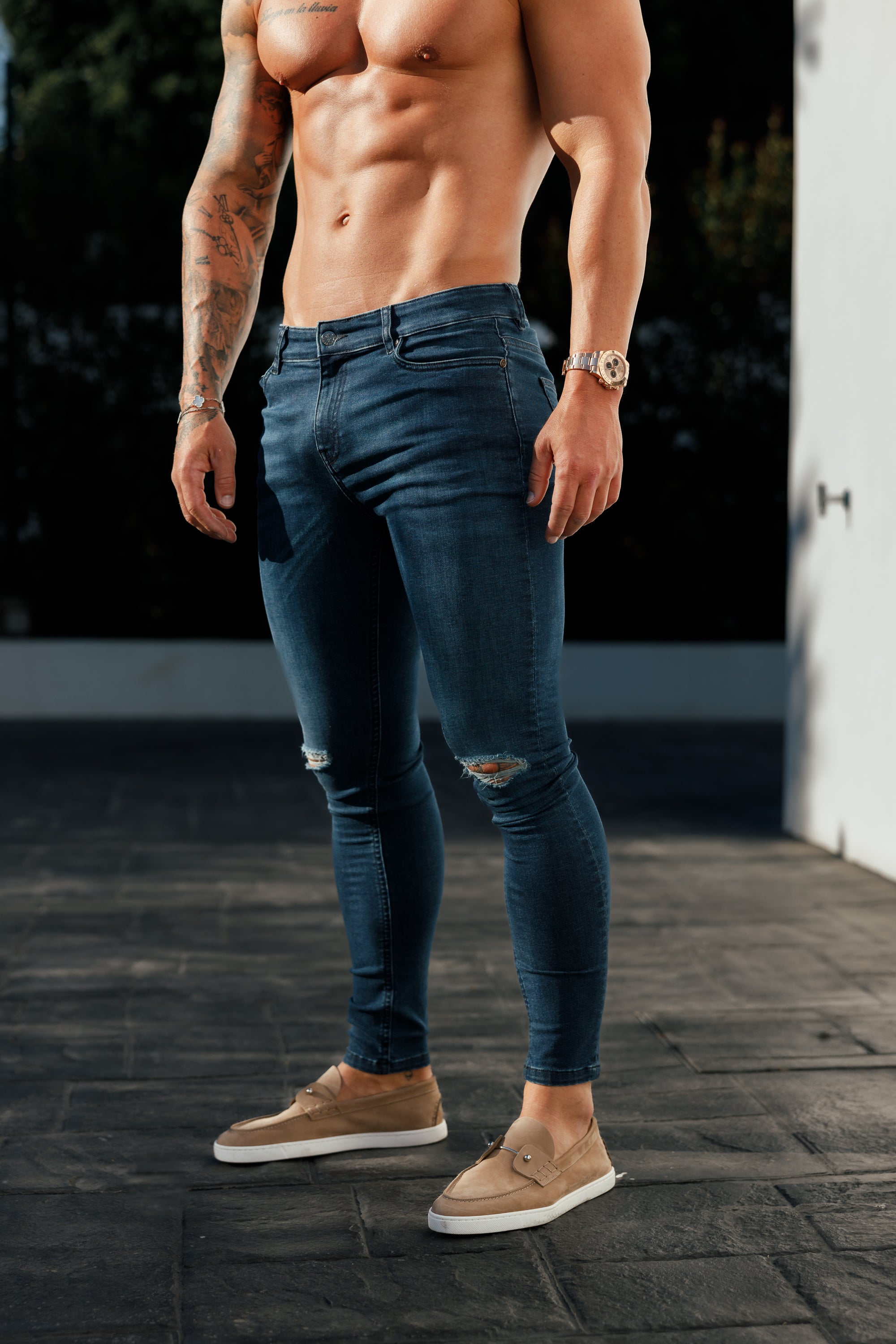 Ultra Stretch Mid Blue Slim Jeans with Knee Rips - FSJEAN011
