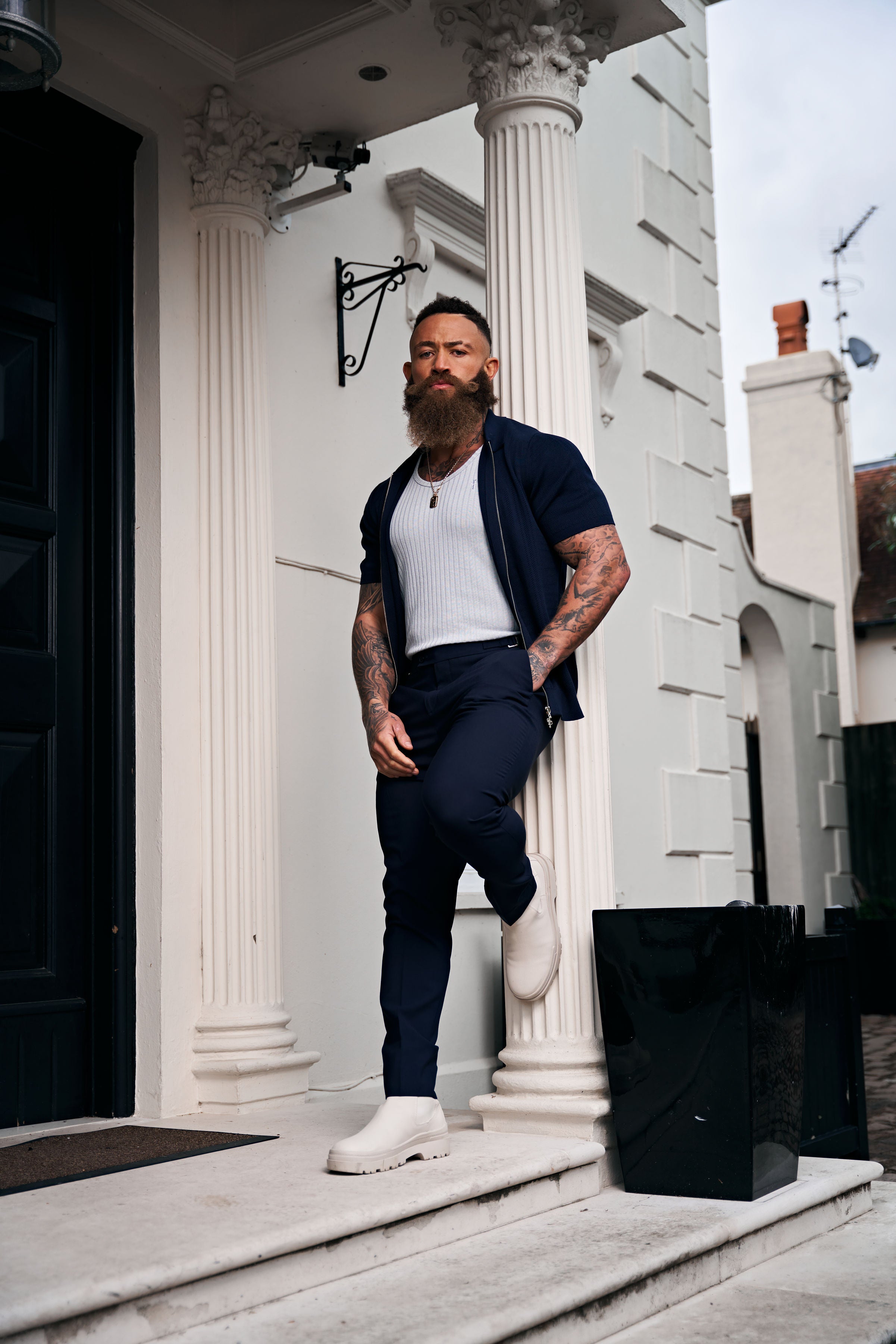 Classic Knitted Geo Design With Full Length Zip Navy Short Sleeve - FSN149