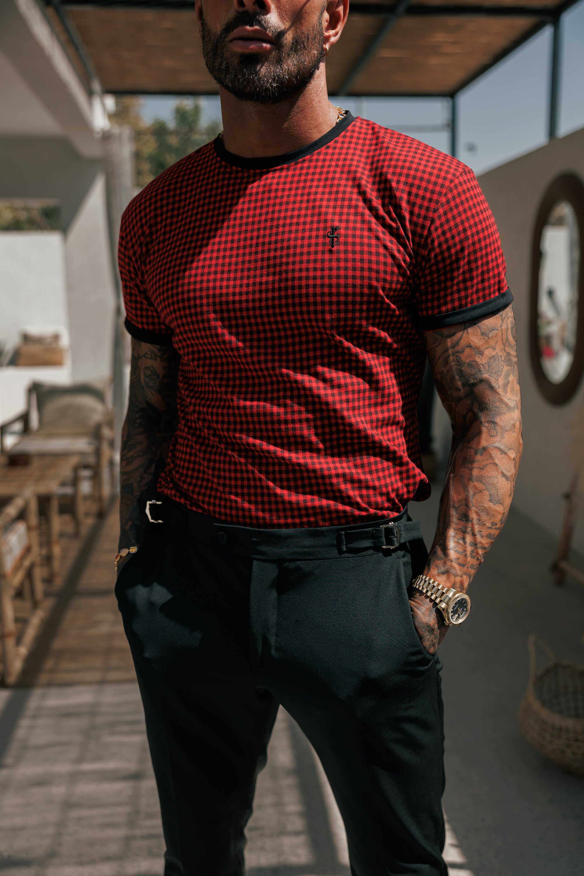 Printed Black / Red Check Fitted T Shirt - FSH1237