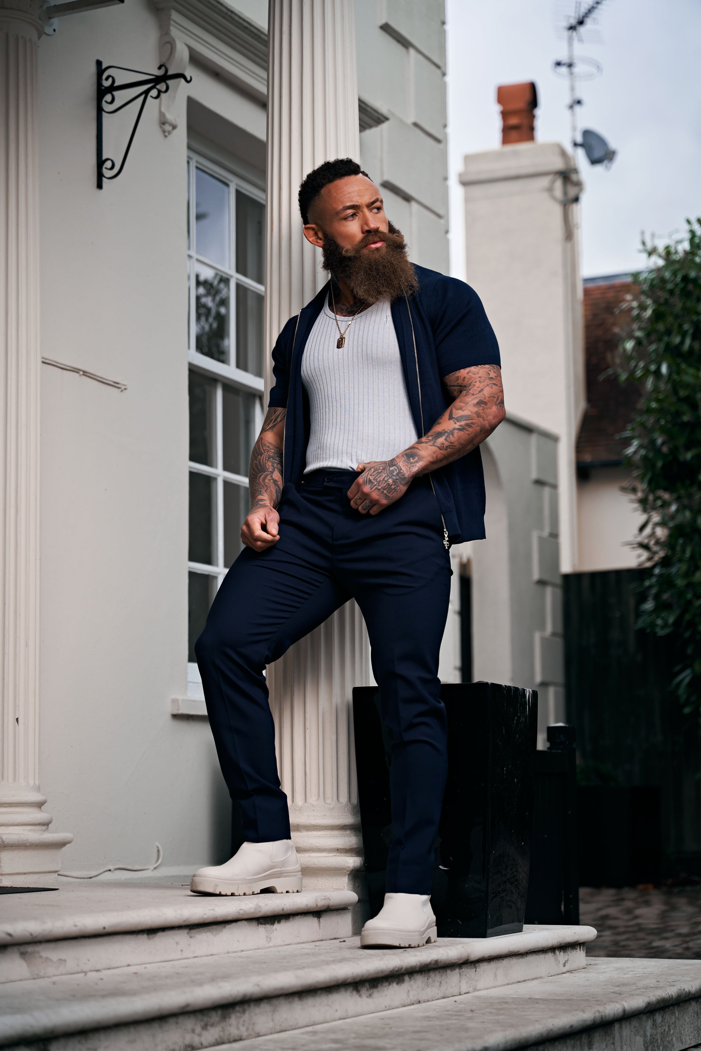 Classic Knitted Geo Design With Full Length Zip Navy Short Sleeve - FSN149