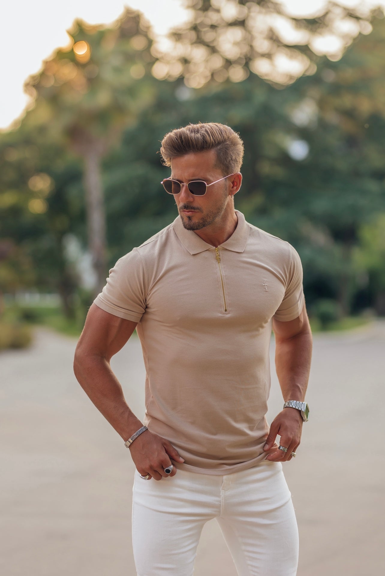 Classic Beige and Gold Zipped Polo Shirt - FSH811