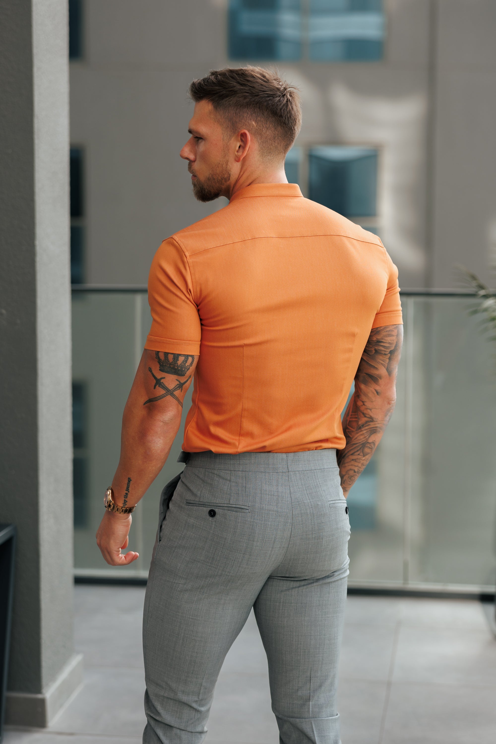 Super Slim Stretch Orange Denim Short Sleeve with Grandad Collar - FS1142